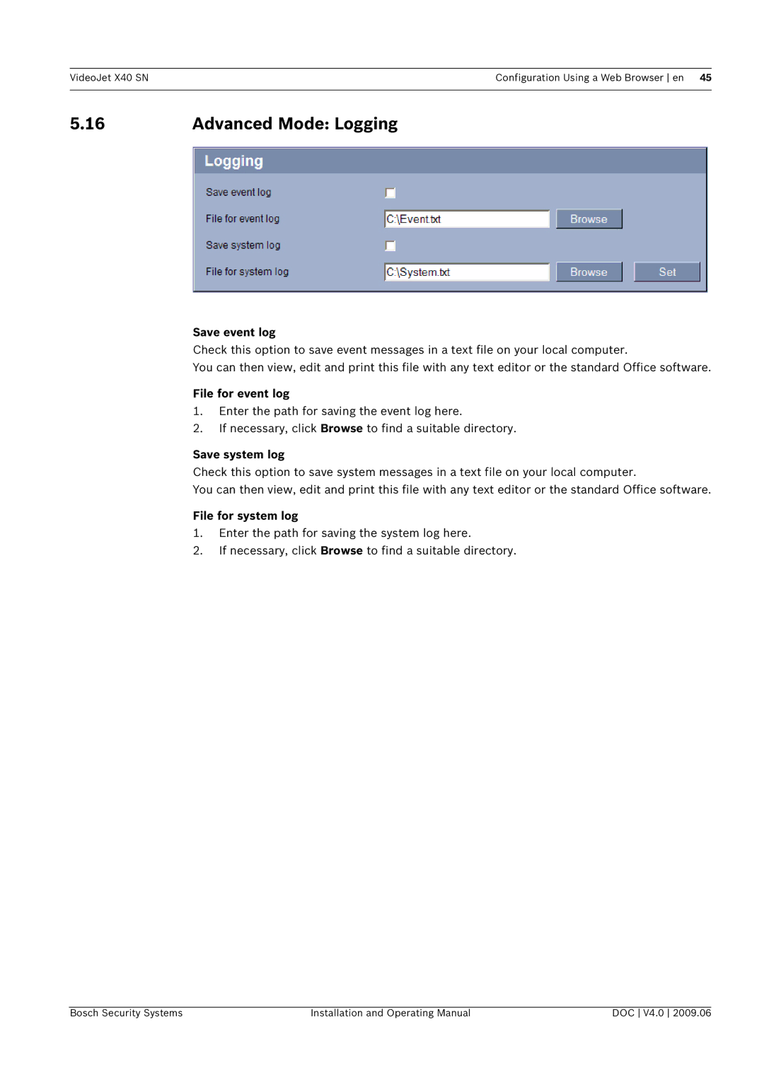 Bosch Appliances X40 SN Advanced Mode Logging, Save event log, File for event log, Save system log, File for system log 