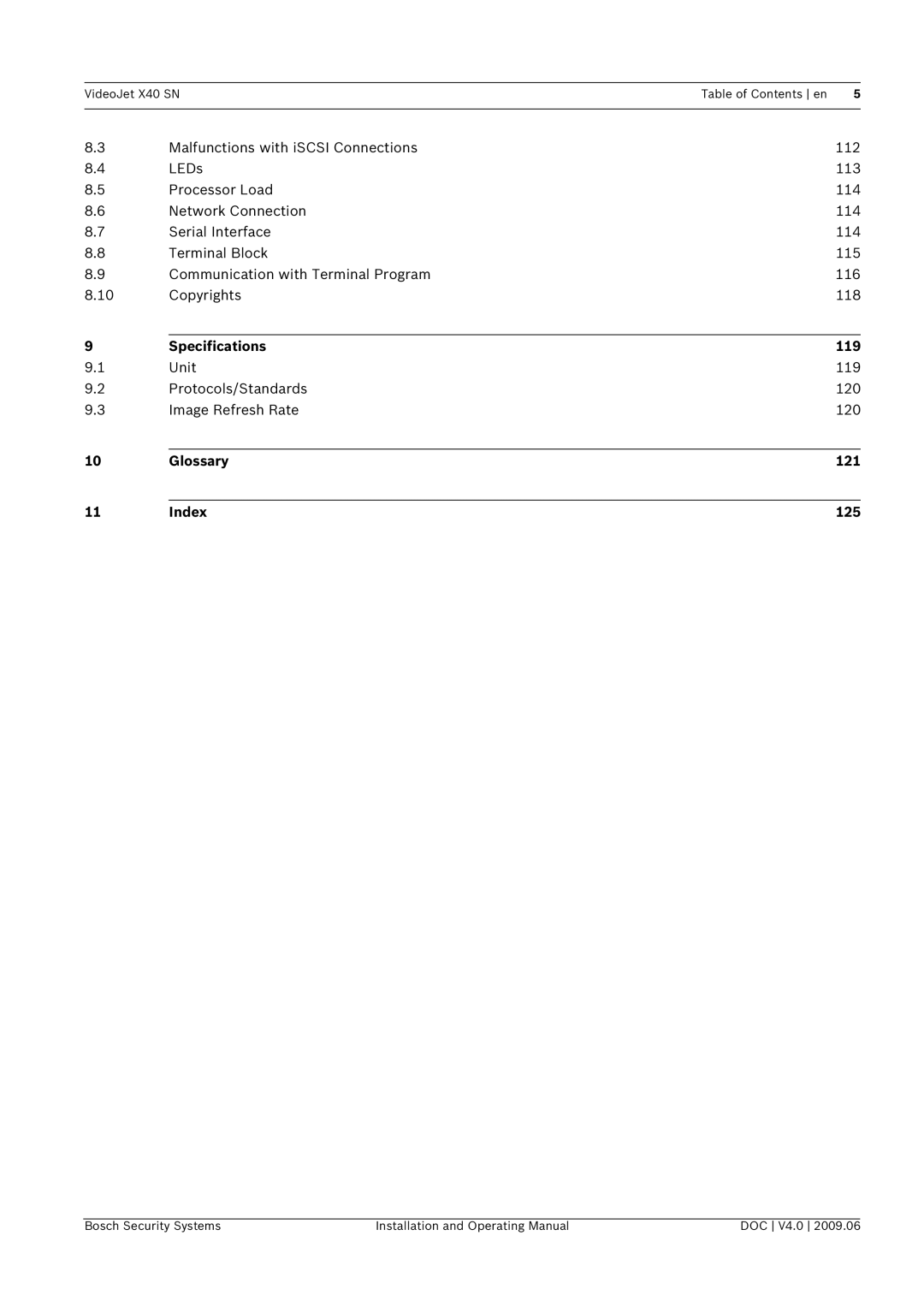 Bosch Appliances X40 SN Specifications 119, Unit 119 Protocols/Standards 120 Image Refresh Rate, Glossary 121 Index 125 