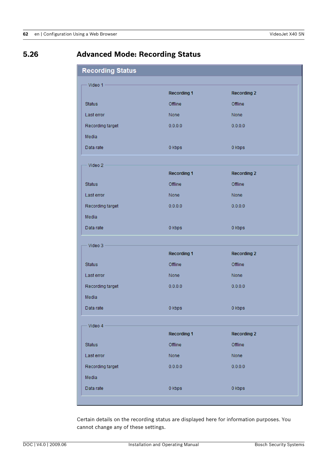 Bosch Appliances X40 SN manual Advanced Mode Recording Status 