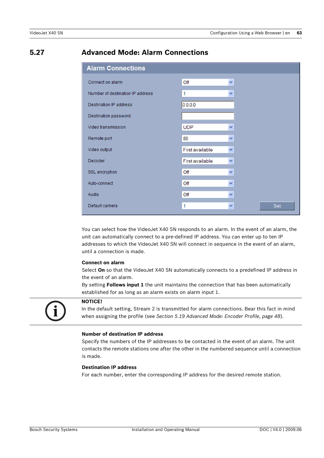 Bosch Appliances X40 SN manual Advanced Mode Alarm Connections, Connect on alarm, Number of destination IP address 