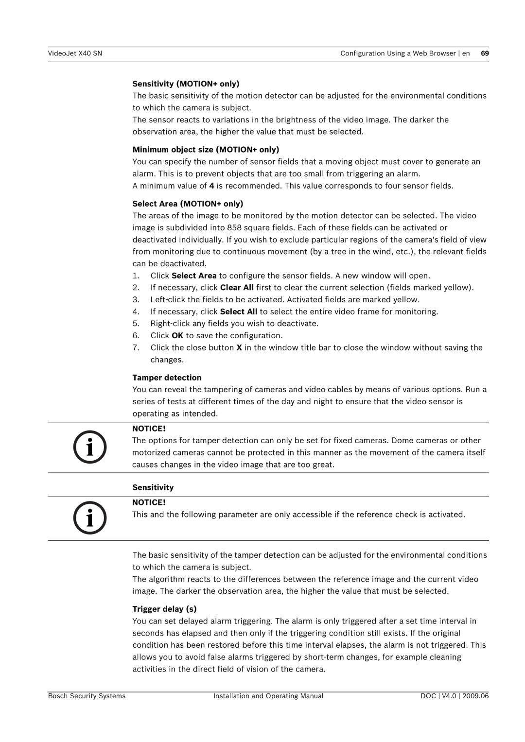 Bosch Appliances X40 SN manual Sensitivity MOTION+ only, Minimum object size MOTION+ only, Select Area MOTION+ only 