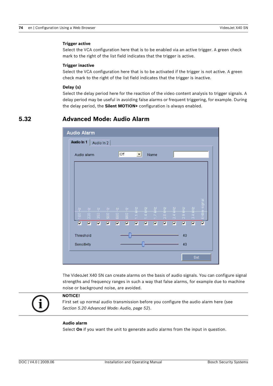 Bosch Appliances X40 SN manual Advanced Mode Audio Alarm, Trigger active, Trigger inactive, Delay s, Audio alarm 