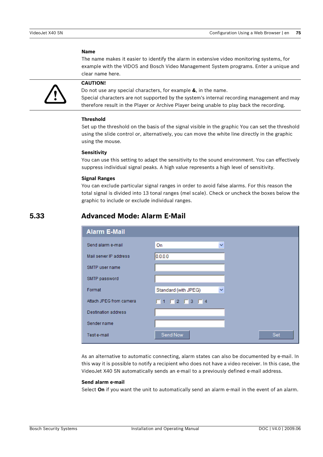 Bosch Appliances X40 SN manual Advanced Mode Alarm E-Mail, Name, Threshold, Signal Ranges, Send alarm e-mail 