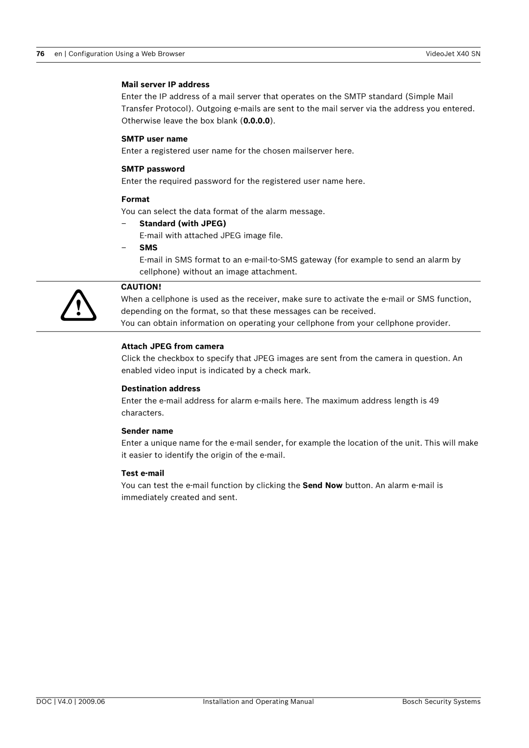 Bosch Appliances X40 SN Mail server IP address, Smtp user name, Smtp password, Format, Standard with Jpeg, Sender name 