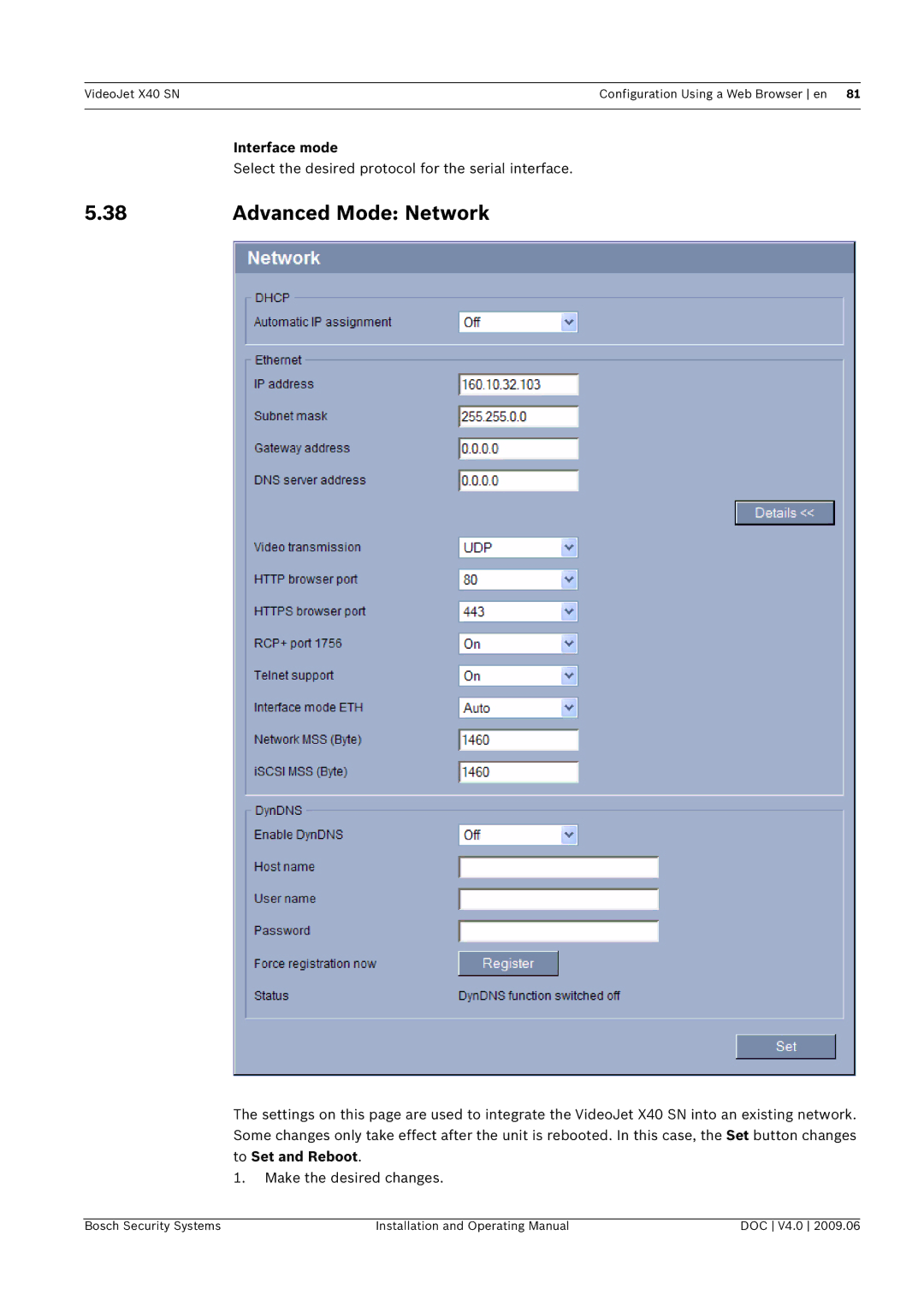 Bosch Appliances X40 SN manual Advanced Mode Network, Interface mode, Select the desired protocol for the serial interface 