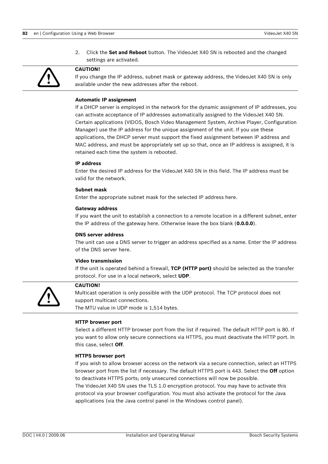 Bosch Appliances X40 SN manual Automatic IP assignment, DNS server address, Http browser port, Https browser port 