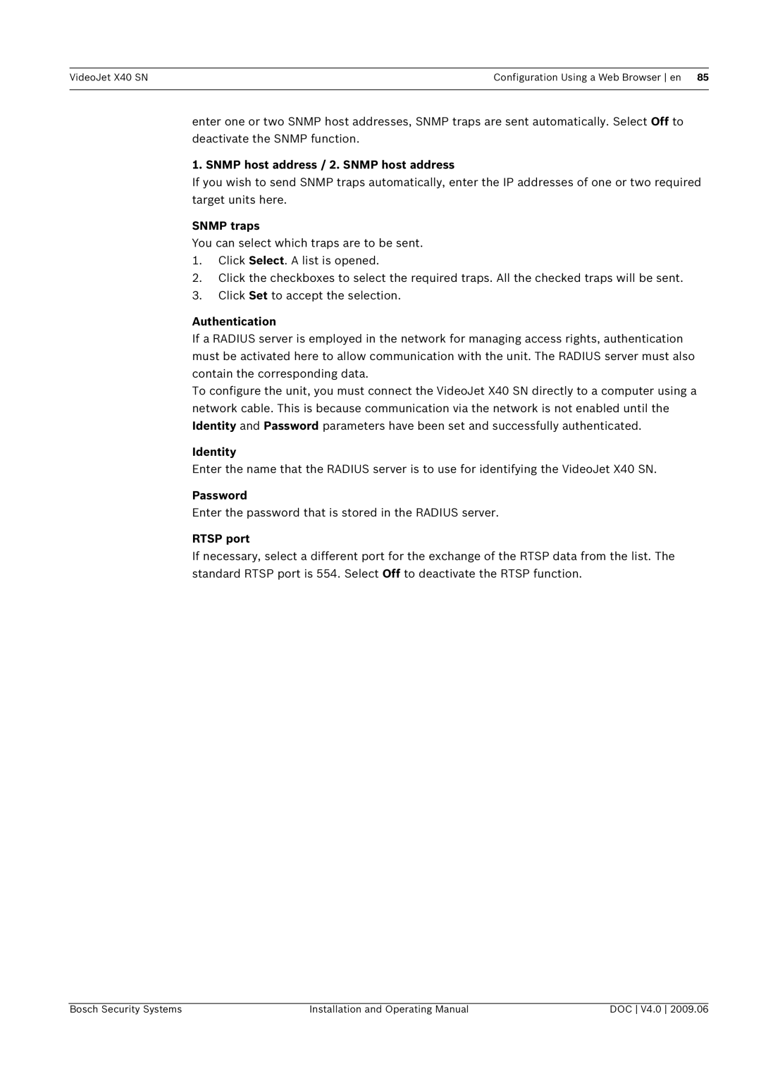 Bosch Appliances X40 SN manual Snmp host address / 2. Snmp host address, Snmp traps, Authentication, Identity, Rtsp port 