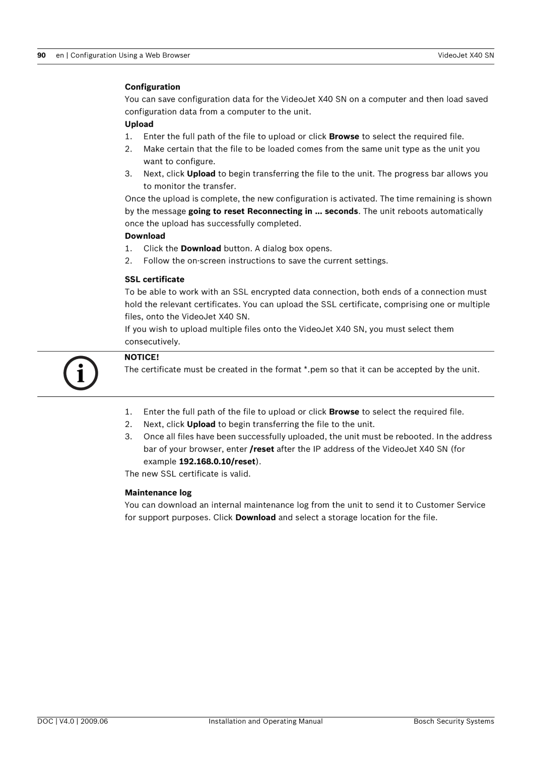 Bosch Appliances X40 SN manual Configuration, Upload, Download, SSL certificate 