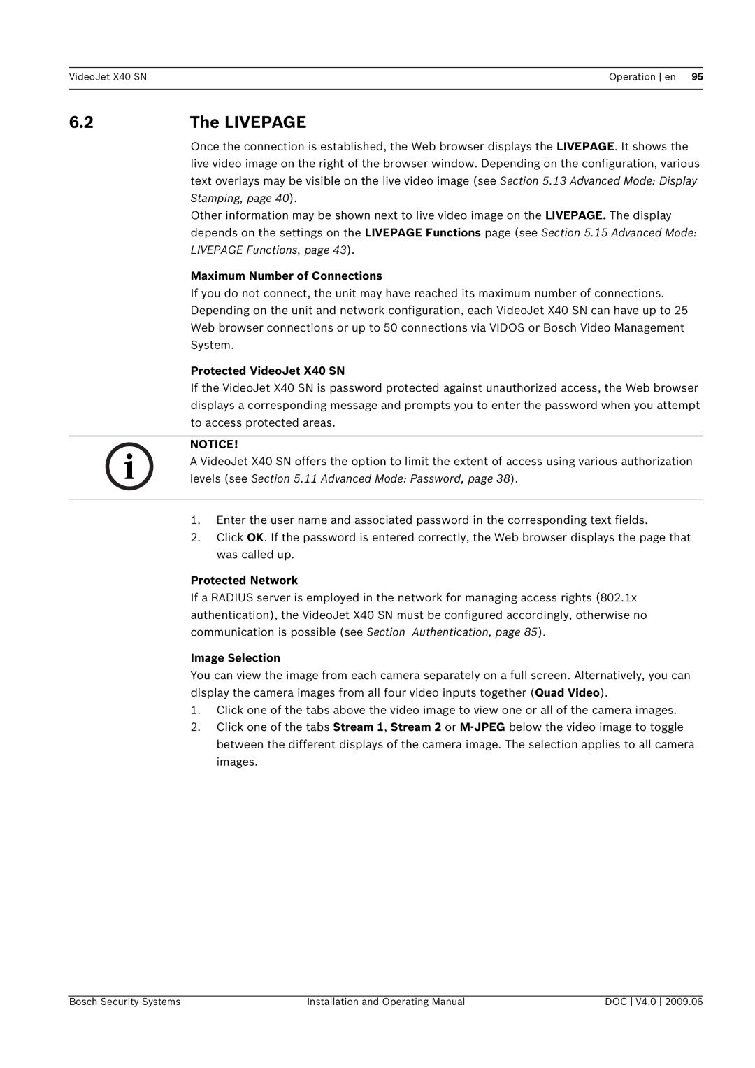 Bosch Appliances X40 SN manual Livepage, System, To access protected areas, Image Selection 