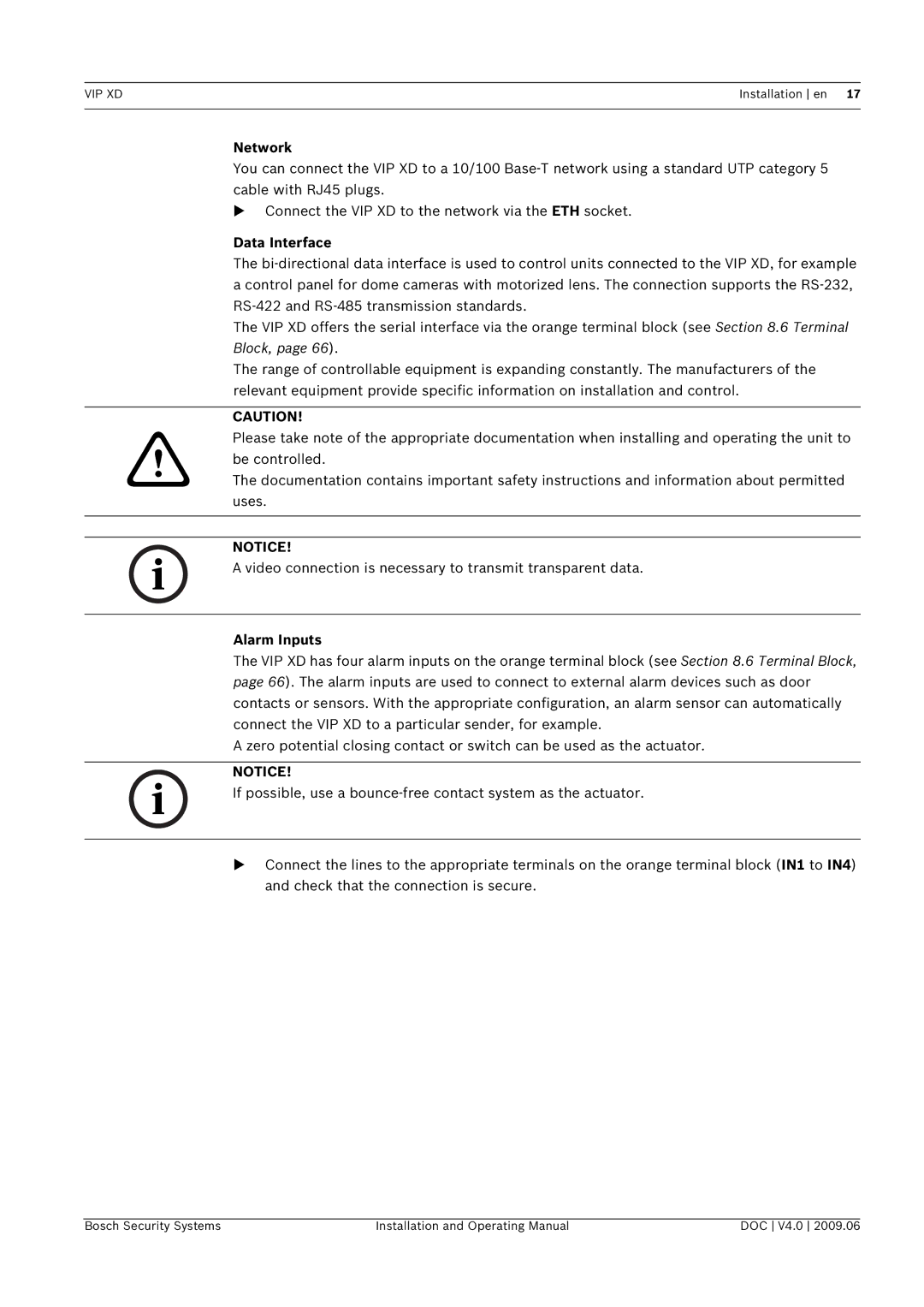 Bosch Appliances VIP, XD manual Network, Data Interface, Alarm Inputs 