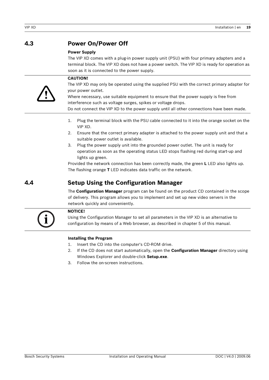 Bosch Appliances VIP, XD manual Power On/Power Off, Setup Using the Configuration Manager, Power Supply, Vip Xd 