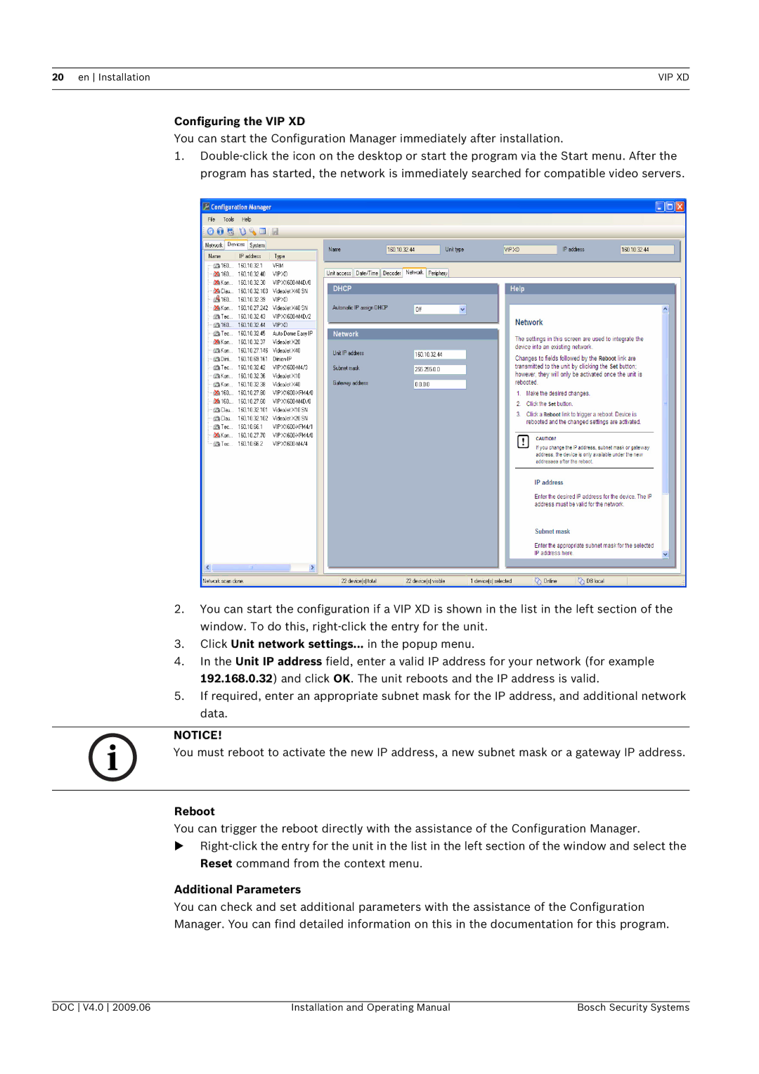 Bosch Appliances manual Configuring the VIP XD, Click Unit network settings... in the popup menu, Reboot 