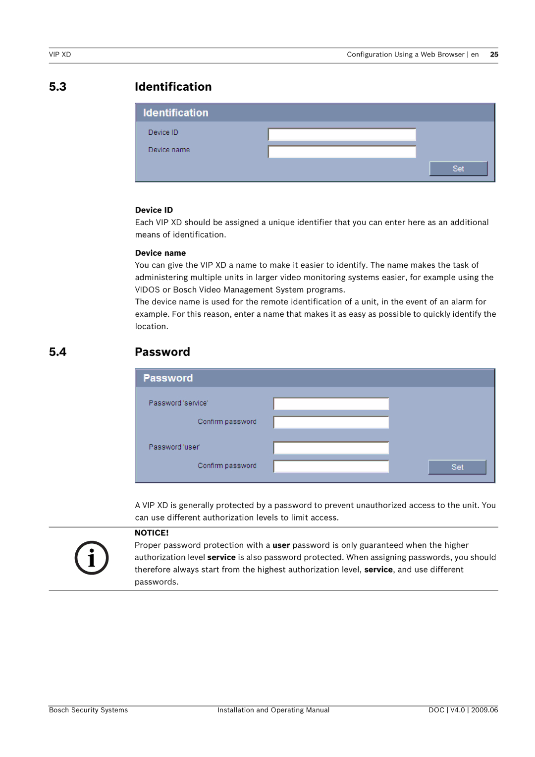 Bosch Appliances VIP, XD manual 3Identification, 4Password, Device ID, Device name 