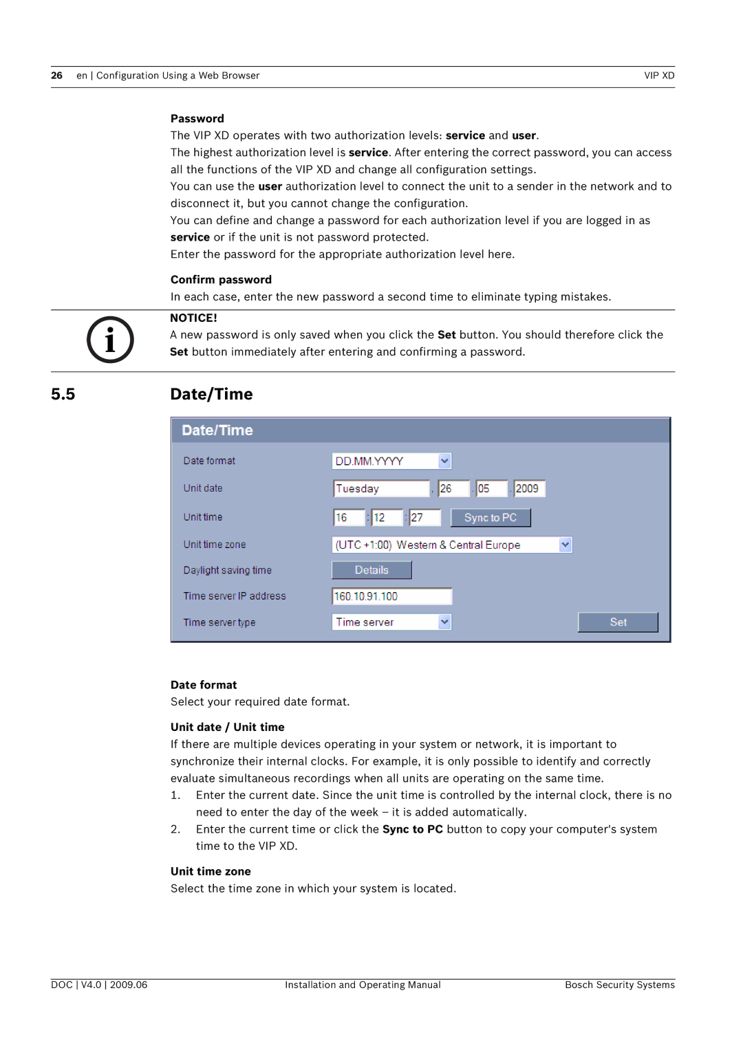 Bosch Appliances XD, VIP manual 5Date/Time 