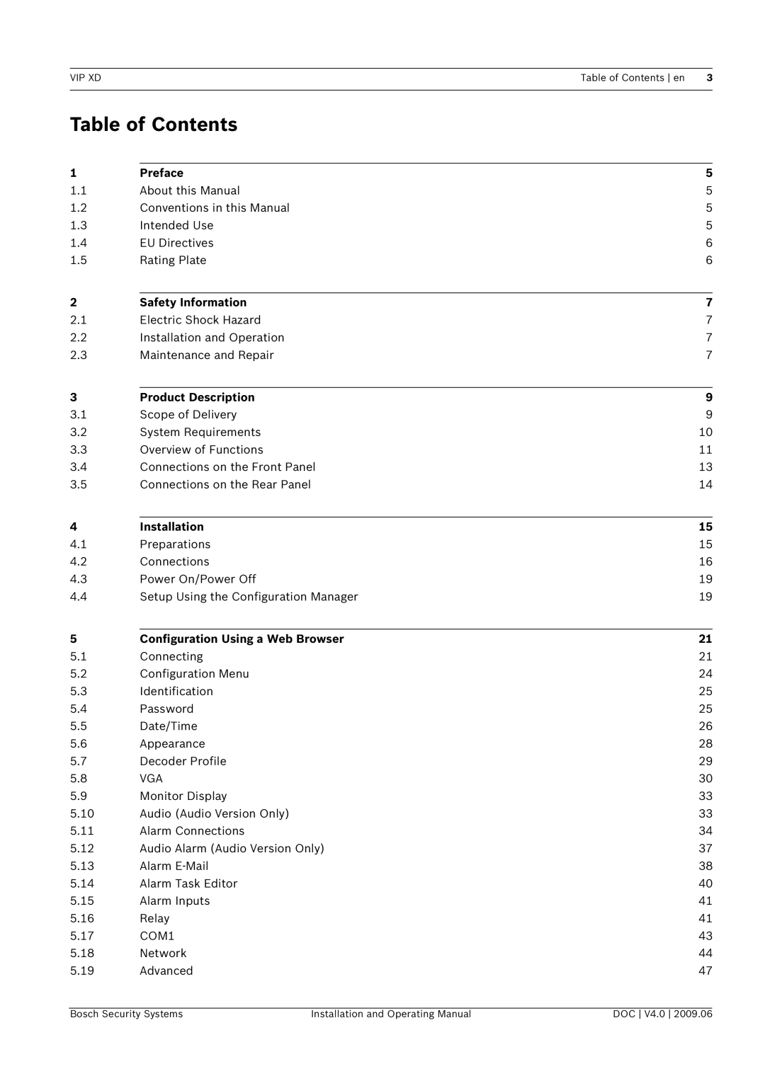 Bosch Appliances VIP, XD manual Table of Contents 