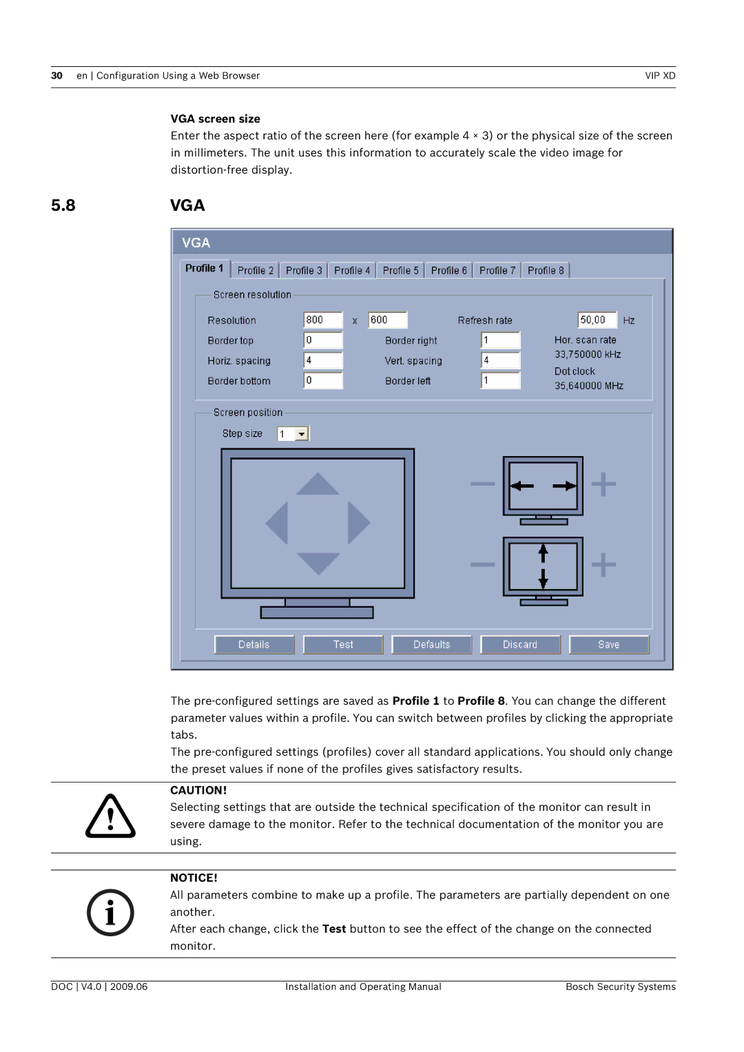 Bosch Appliances XD, VIP manual 8VGA, VGA screen size 