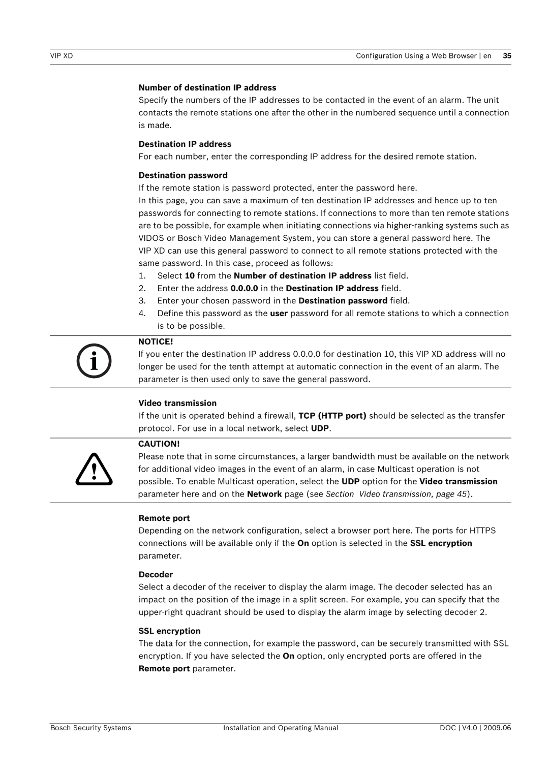 Bosch Appliances VIP Number of destination IP address, Destination IP address, Destination password, Video transmission 