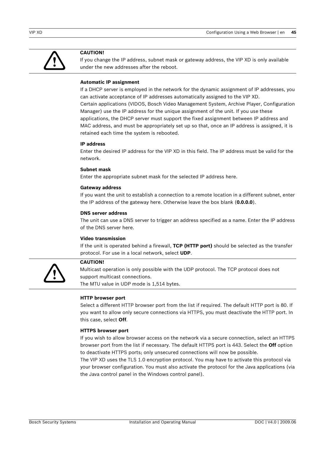 Bosch Appliances VIP, XD manual Automatic IP assignment, IP address, Subnet mask, Gateway address, DNS server address 