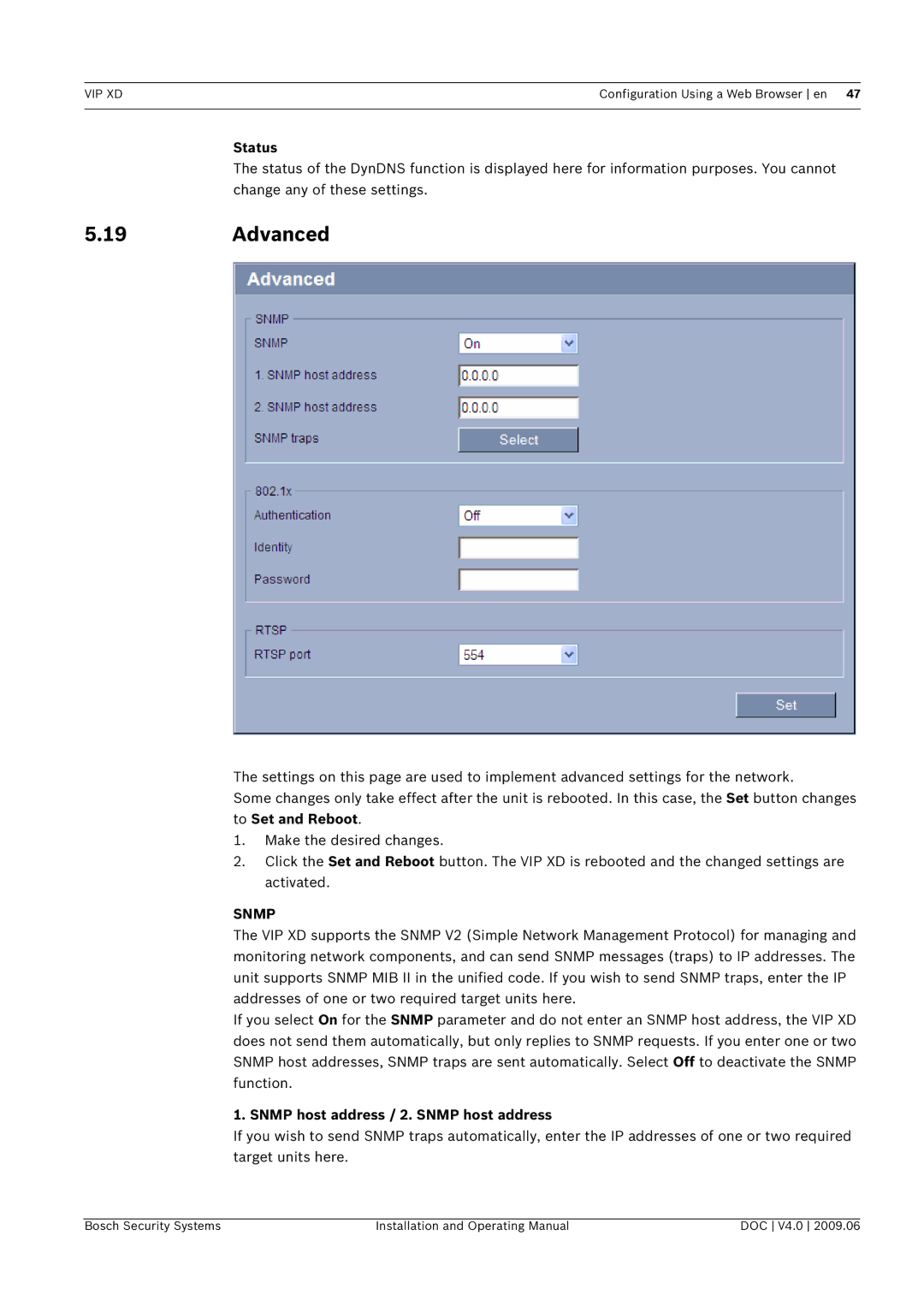 Bosch Appliances VIP, XD manual Advanced, Status, Snmp host address / 2. Snmp host address 