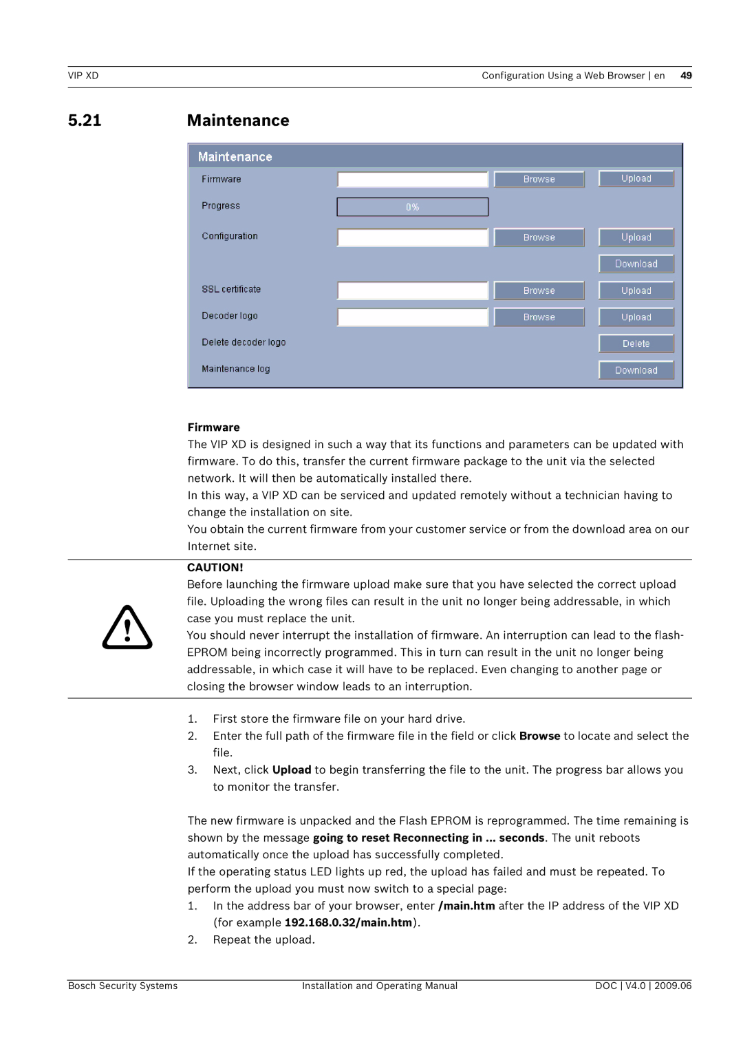 Bosch Appliances VIP, XD manual Maintenance, Firmware 