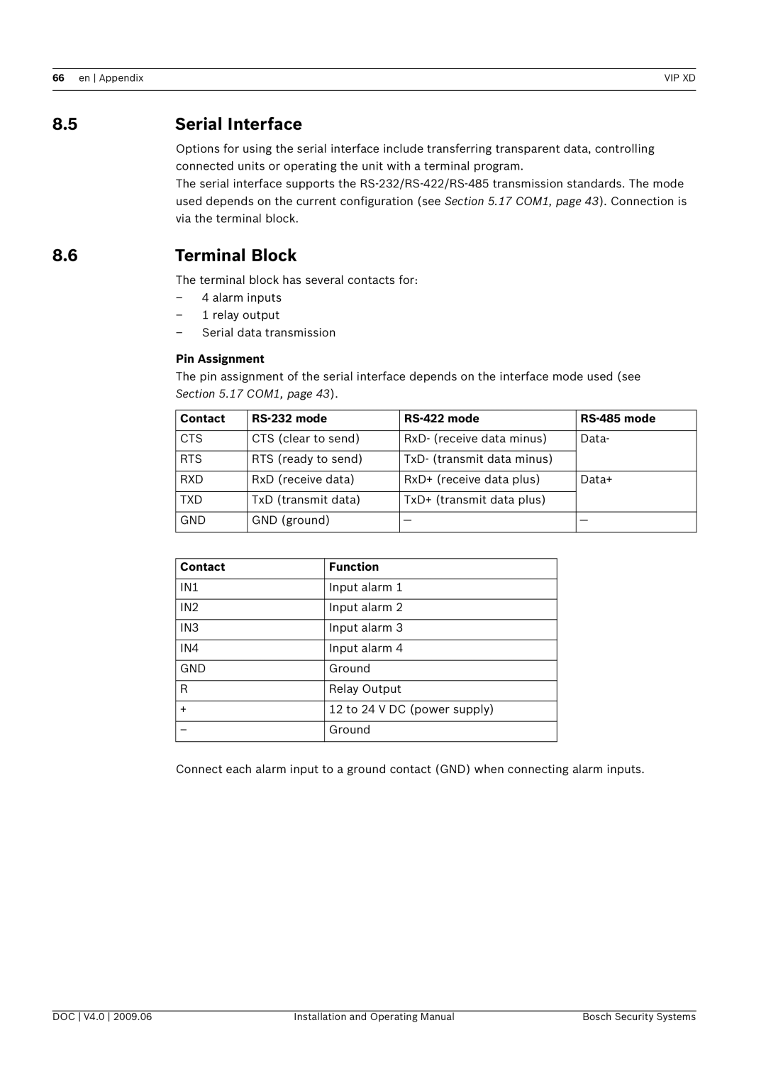 Bosch Appliances XD, VIP Serial Interface, Terminal Block, Pin Assignment, Contact RS-232 mode RS-422 mode RS-485 mode 