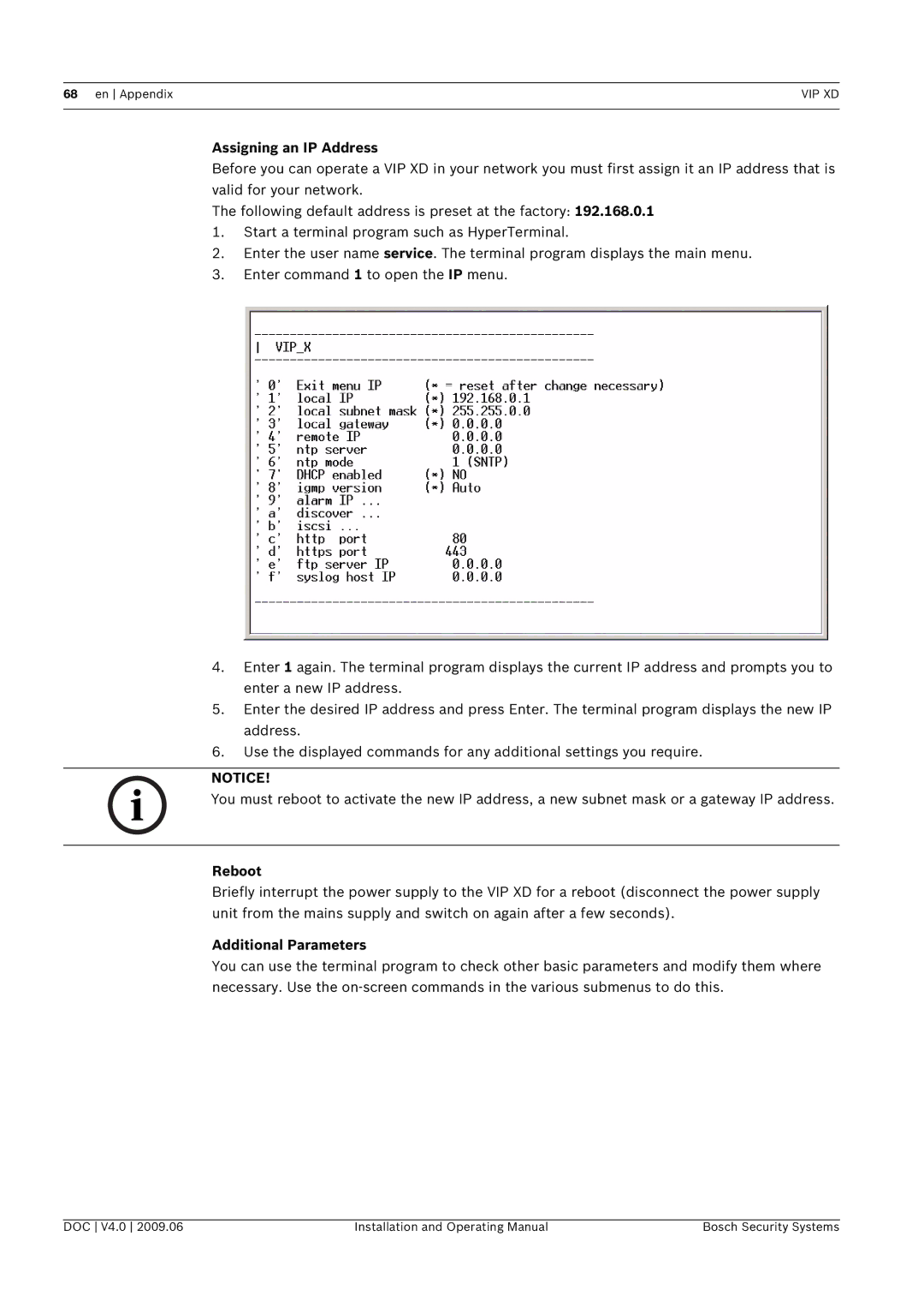 Bosch Appliances XD, VIP manual Assigning an IP Address, Reboot 