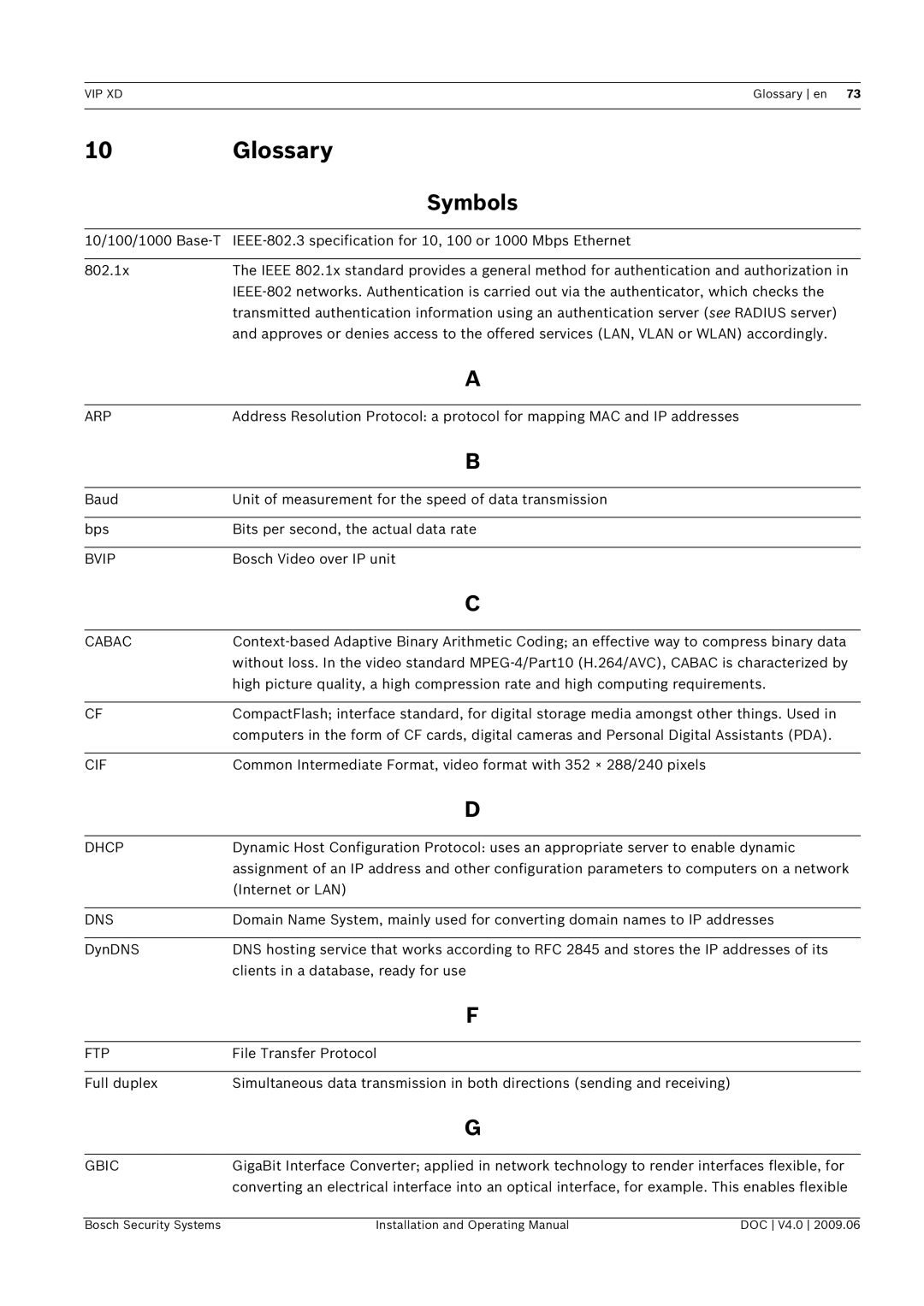 Bosch Appliances VIP, XD manual Glossary 