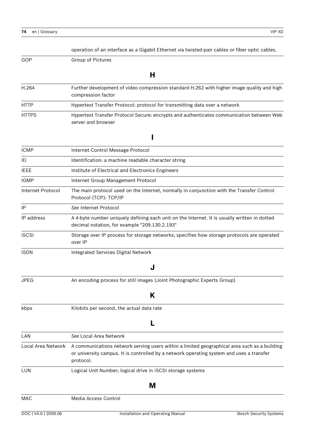 Bosch Appliances XD, VIP manual Gop, Http, Icmp, Ieee, Igmp, Isdn, Jpeg, Lan, Lun, Mac 