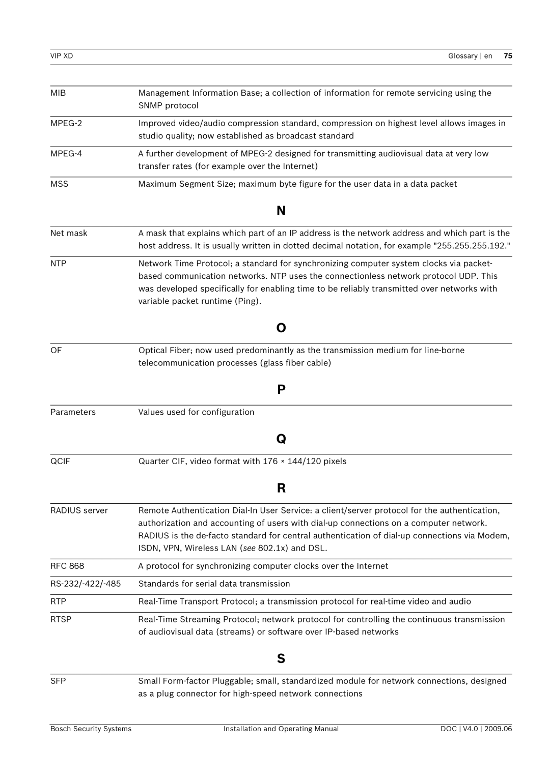 Bosch Appliances VIP, XD manual Mib, MPEG-2, MPEG-4, Mss, Ntp, Qcif, Rtp, Rtsp, Sfp 