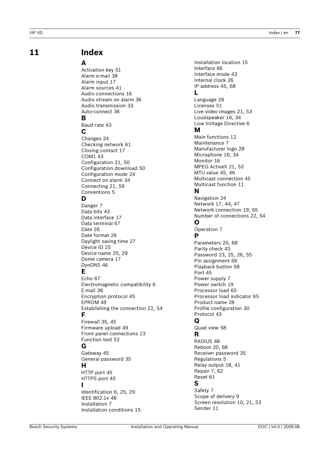 Bosch Appliances VIP, XD manual Index, Eprom, Radius 