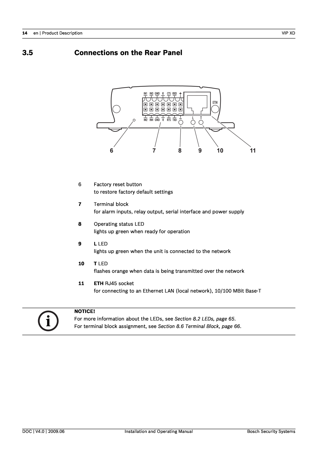 Bosch Appliances XD, VIP manual Connections on the Rear Panel 