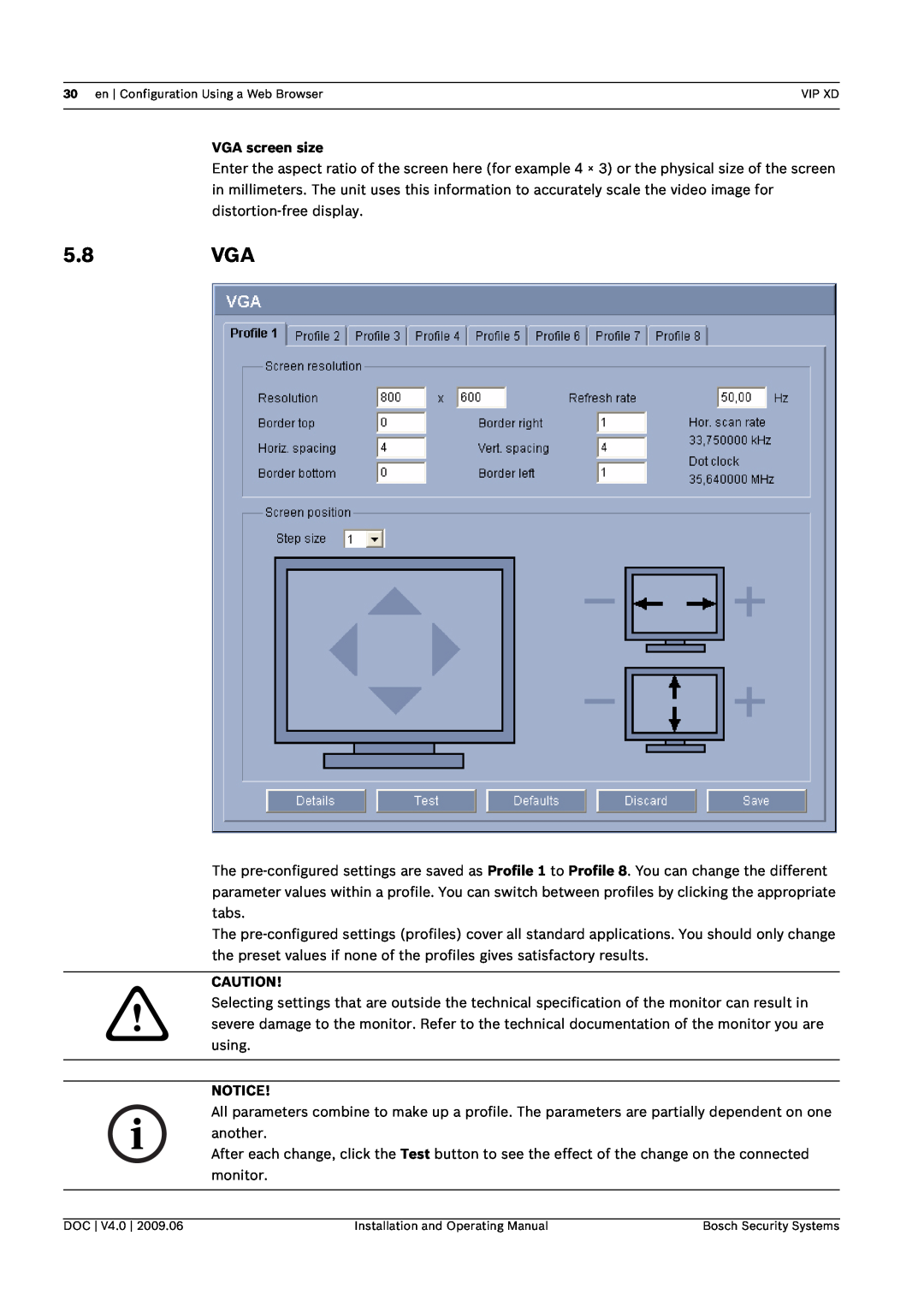 Bosch Appliances XD, VIP manual 5.8VGA, VGA screen size 