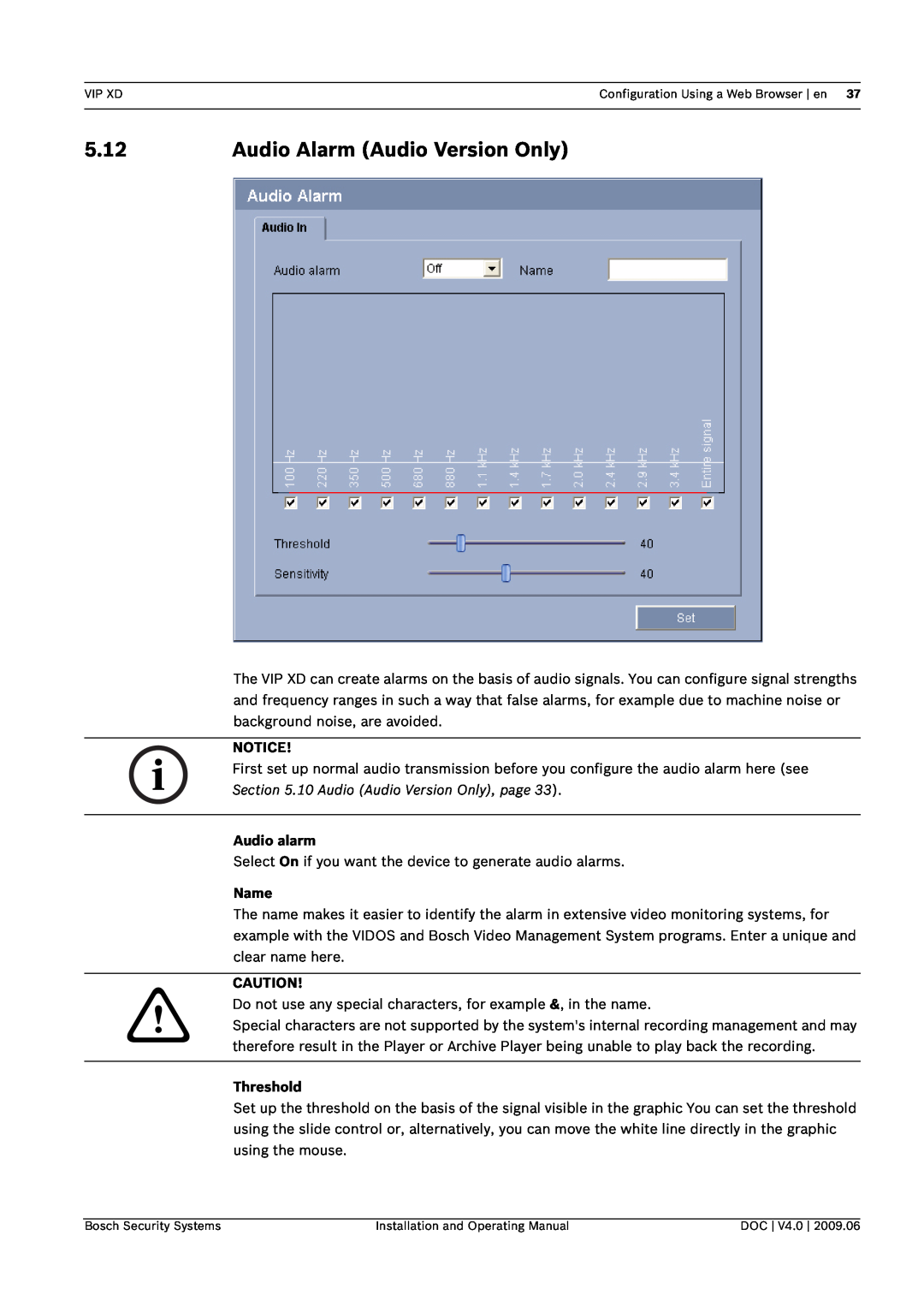 Bosch Appliances VIP, XD manual 5.12, Audio Alarm Audio Version Only, Audio alarm, Name, Threshold 