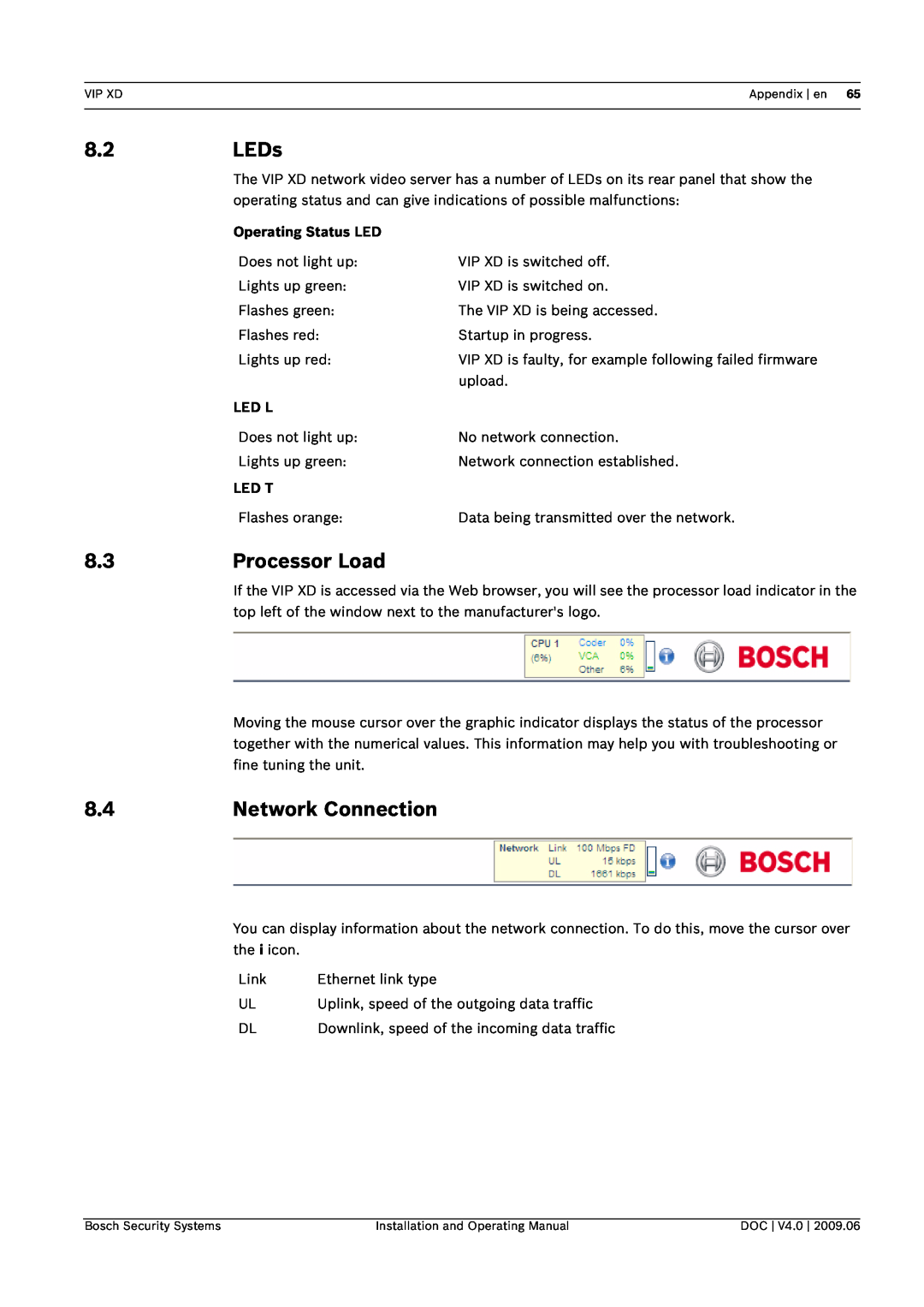 Bosch Appliances VIP, XD manual LEDs, 8.3Processor Load, Network Connection, Operating Status LED, Led L, Led T 