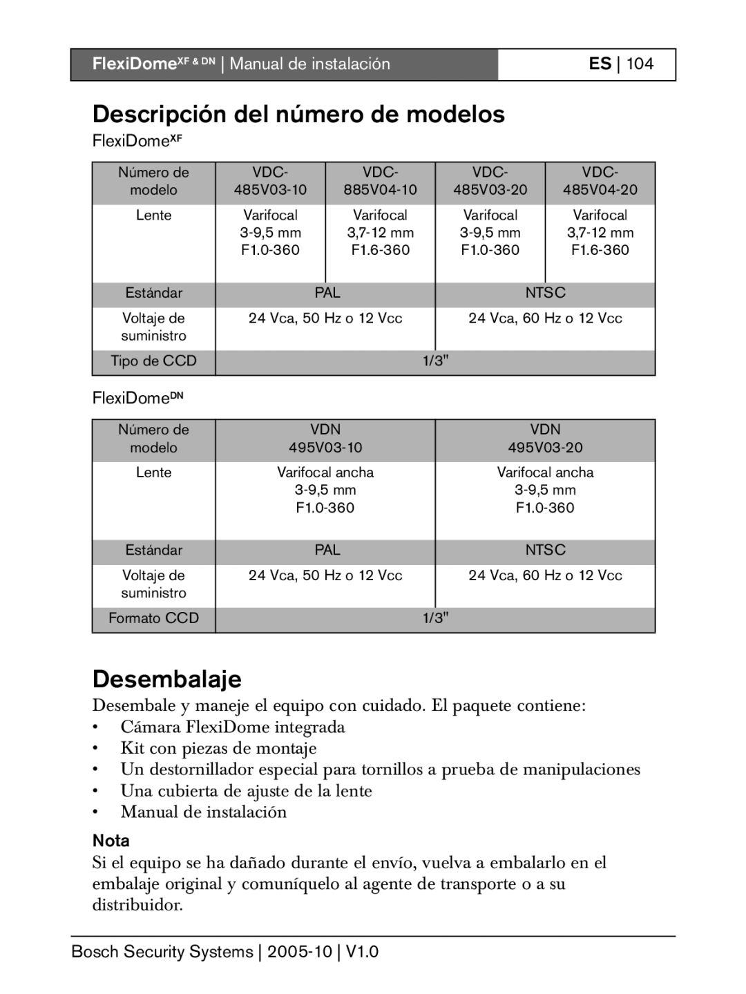 Bosch Appliances DN, XF installation instructions Descripción del número de modelos, Desembalaje, Nota 