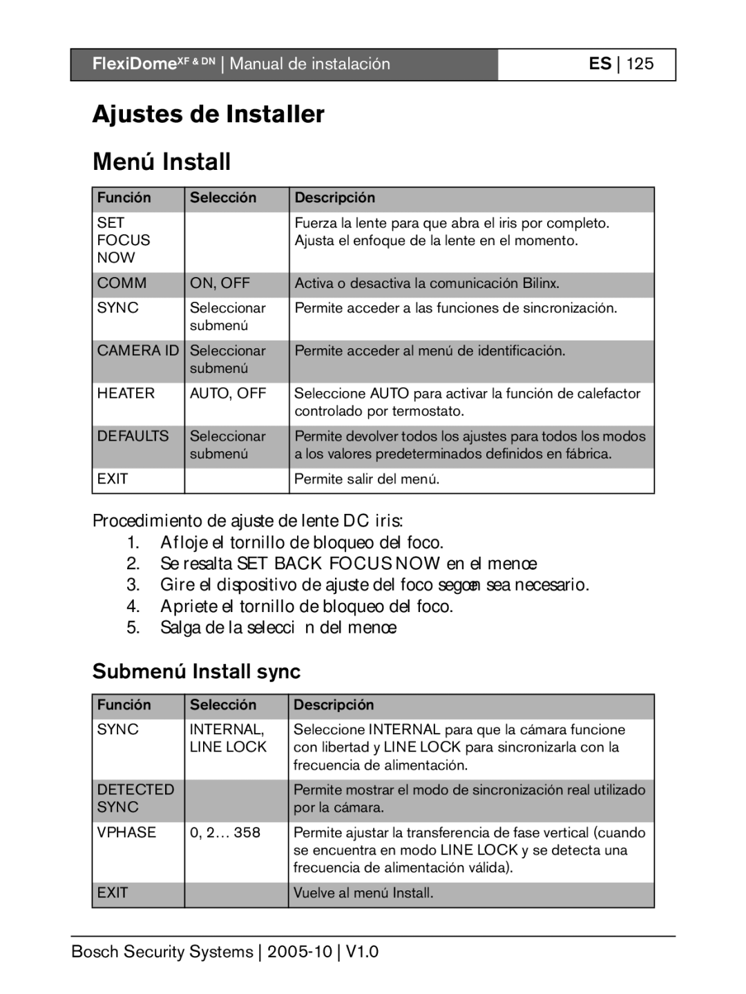 Bosch Appliances XF, DN installation instructions Ajustes de Installer, Menú Install, Submenú Install sync 