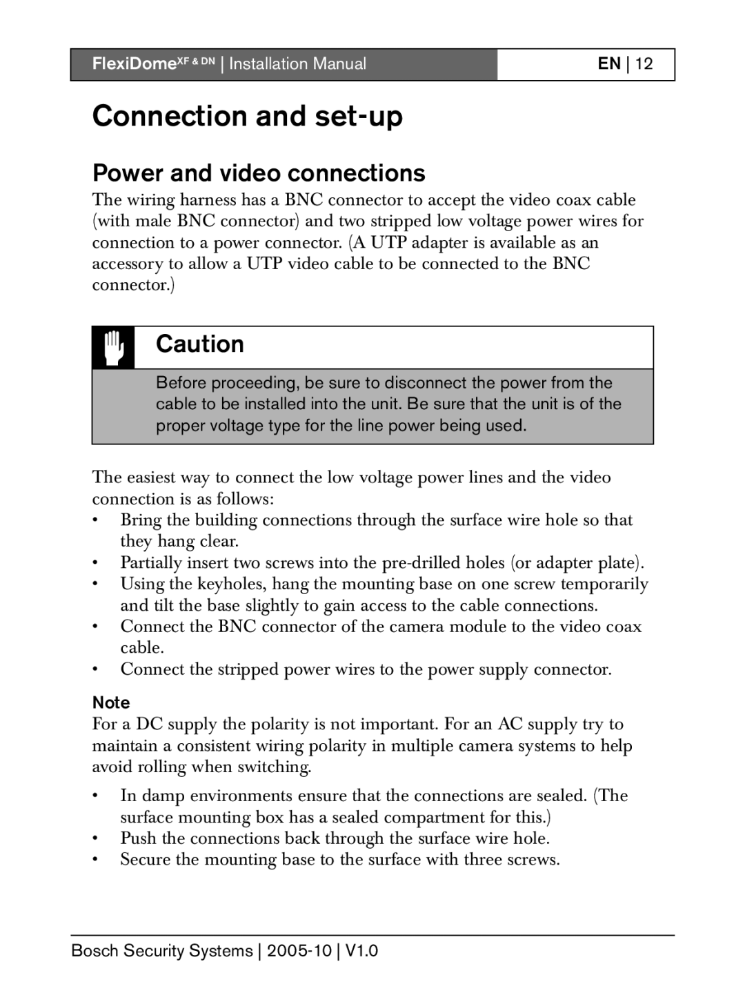 Bosch Appliances DN, XF installation instructions Connection and set-up, Power and video connections 