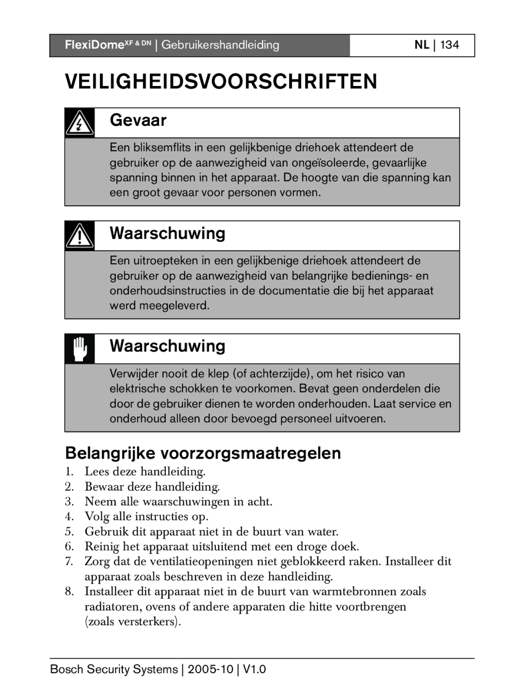 Bosch Appliances DN, XF installation instructions Gevaar, Waarschuwing, Belangrijke voorzorgsmaatregelen 