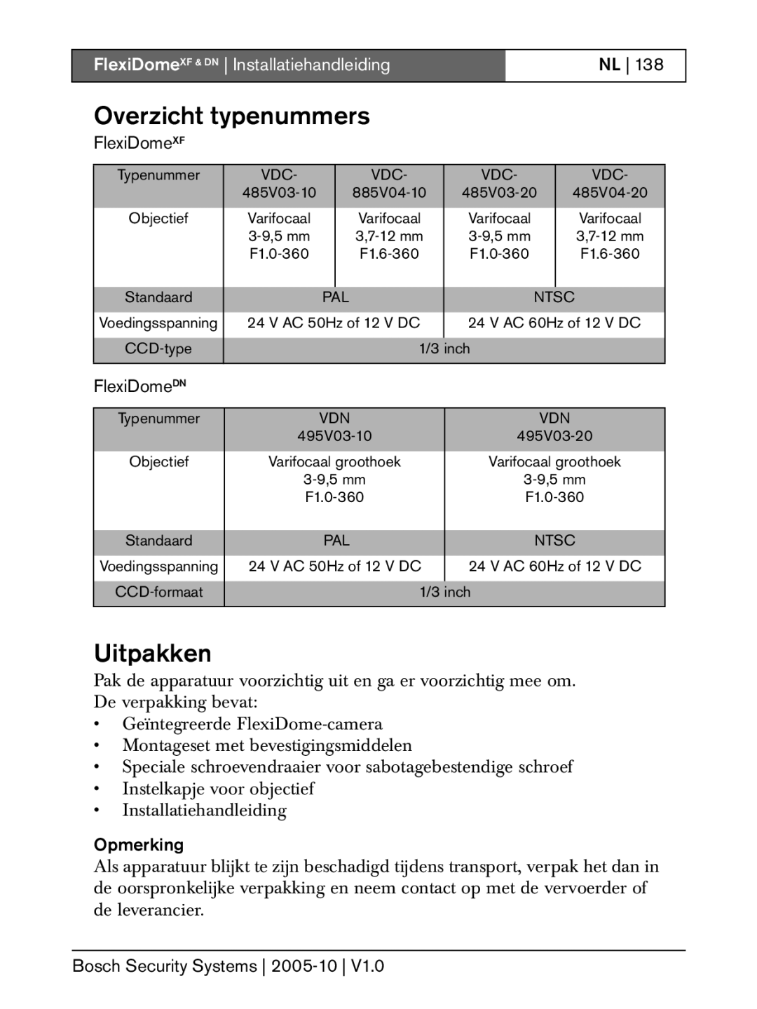 Bosch Appliances DN, XF installation instructions Overzicht typenummers, Uitpakken, Opmerking 