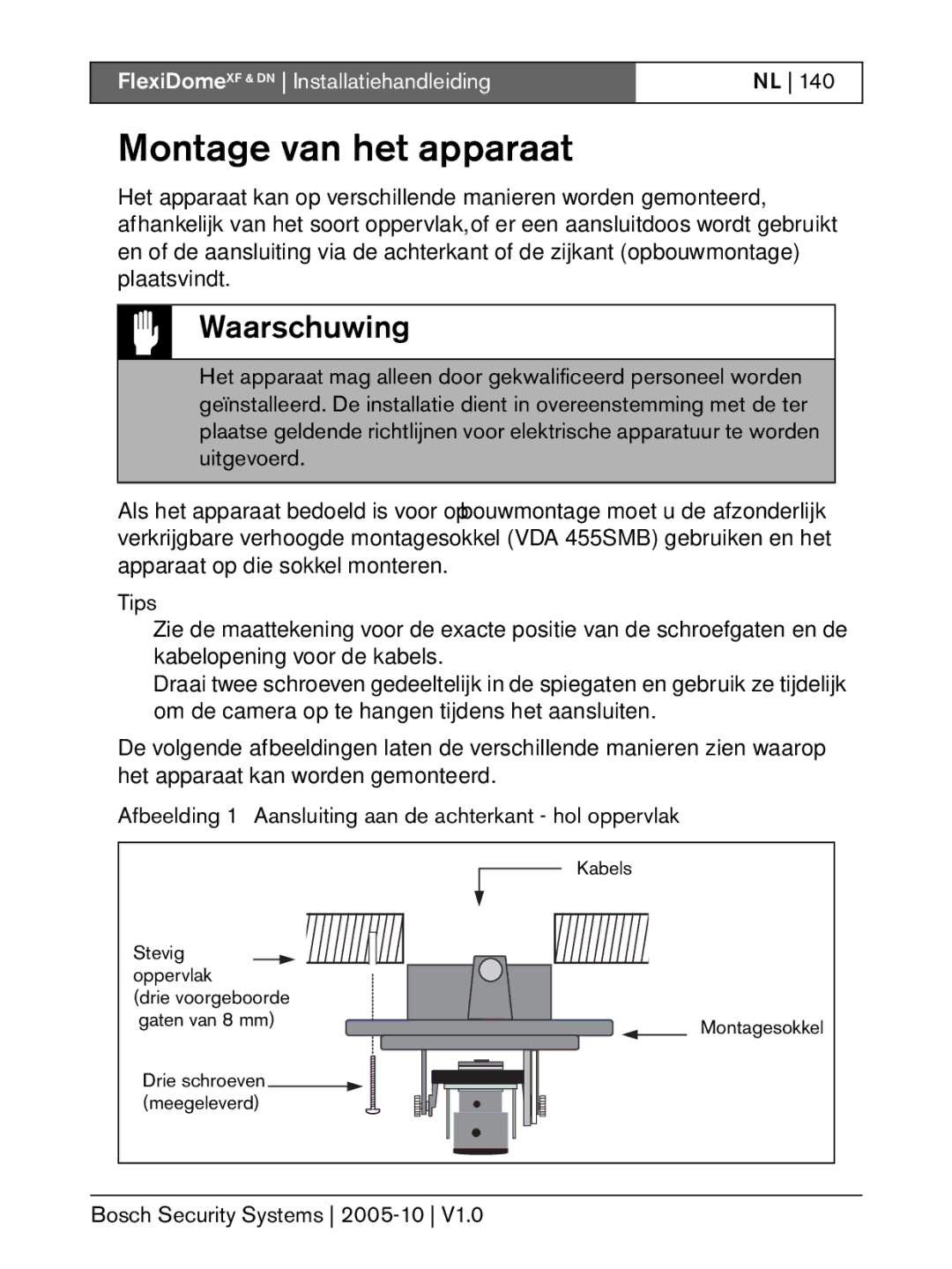 Bosch Appliances DN, XF Montage van het apparaat, Afbeelding 1 Aansluiting aan de achterkant hol oppervlak 