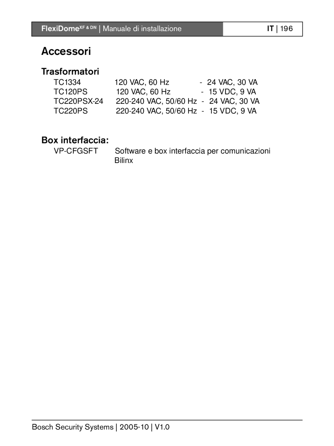 Bosch Appliances DN, XF installation instructions Accessori, Trasformatori, Box interfaccia 