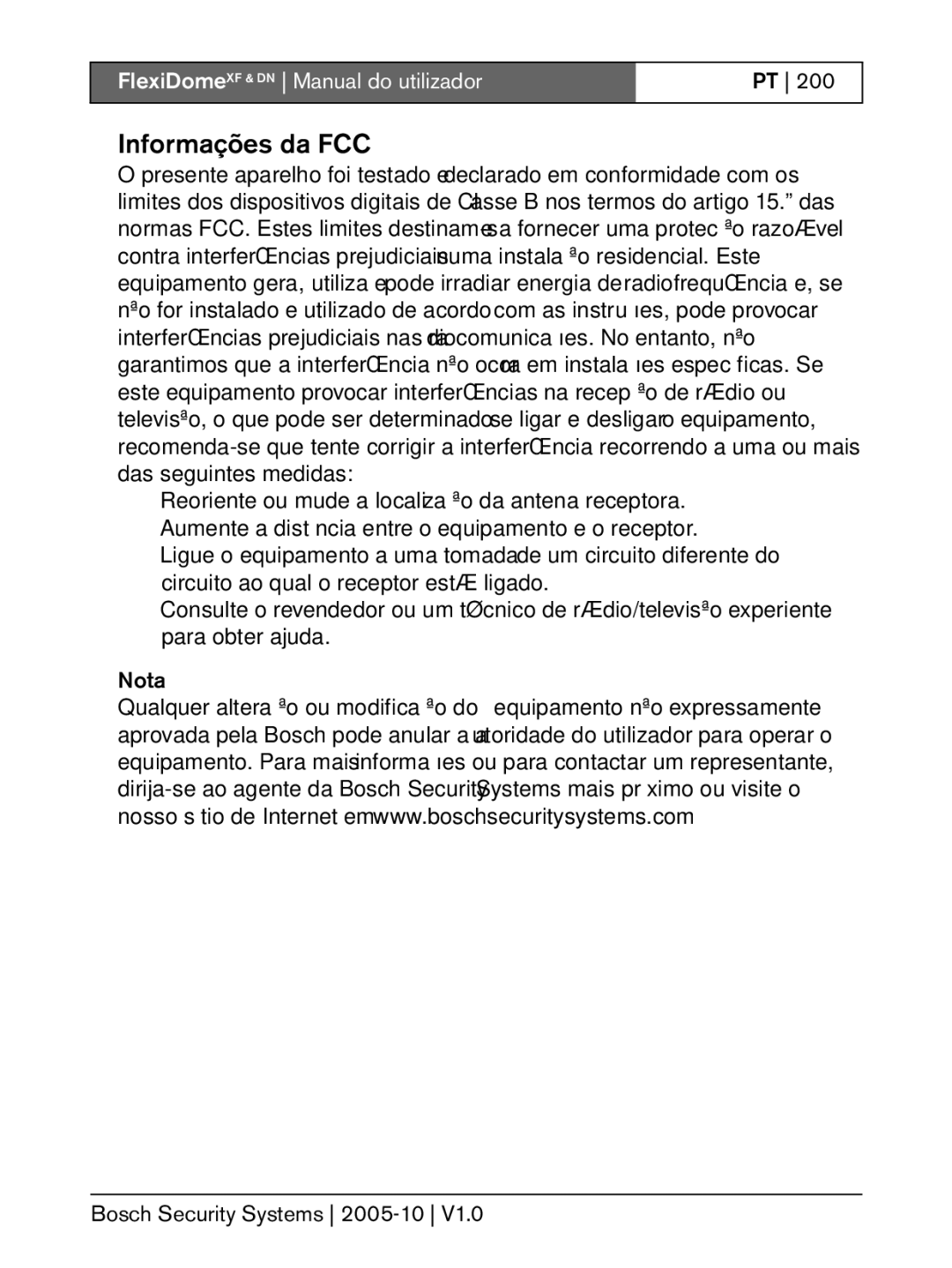 Bosch Appliances DN, XF installation instructions Informações da FCC, Nota Bosch Security Systems 2005-10 