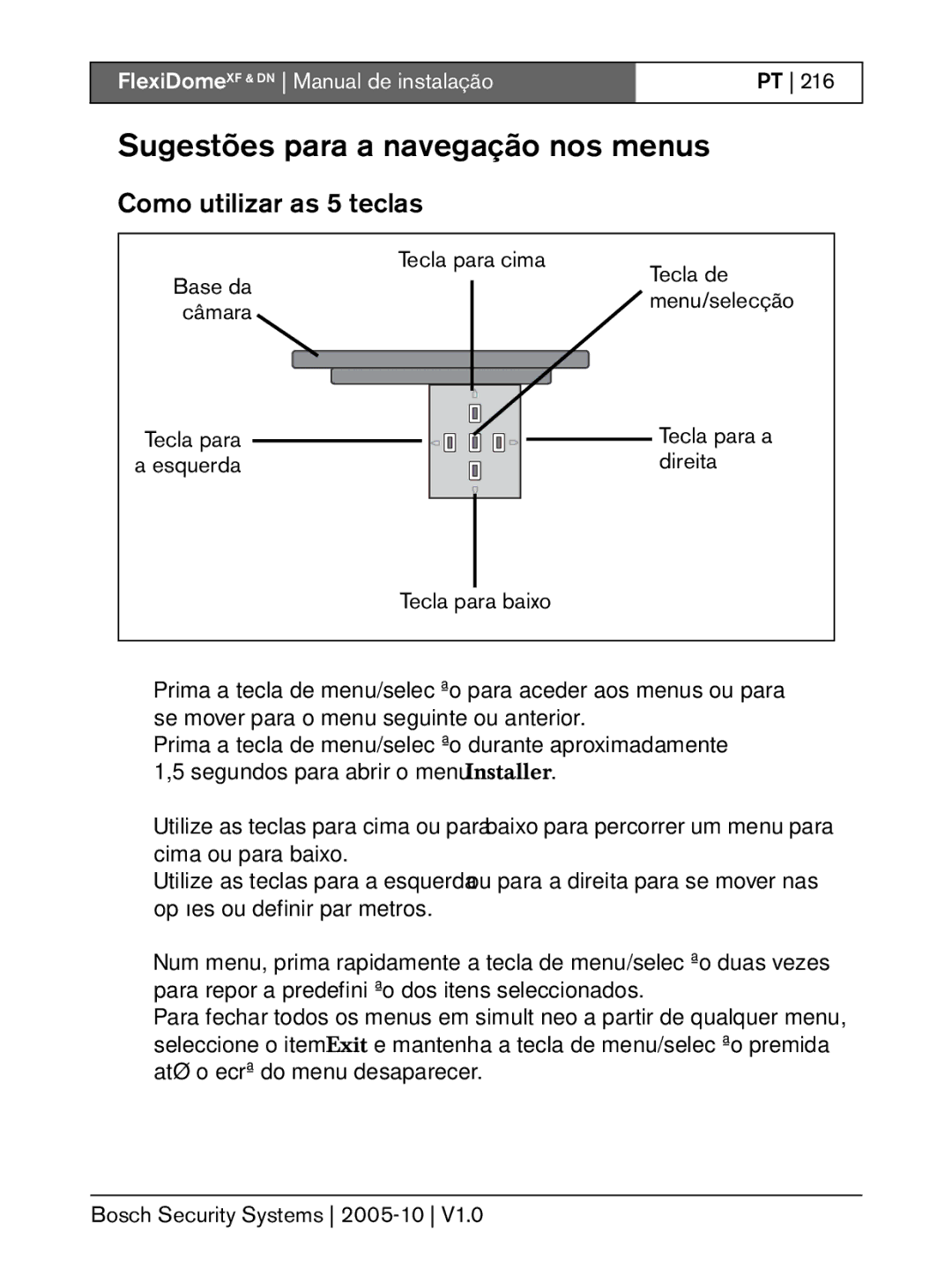 Bosch Appliances DN, XF Sugestões para a navegação nos menus, Como utilizar as 5 teclas, Tecla para cima, Tecla de 