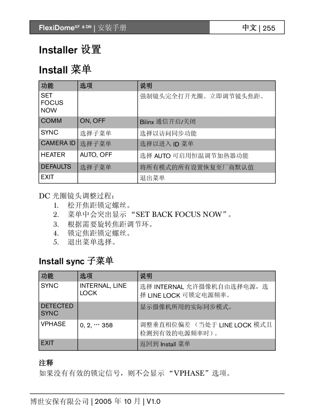 Bosch Appliances XF, DN installation instructions Installer 设置 Install 菜单, Install sync 子菜单, Focus NOW Comm ON, OFF 