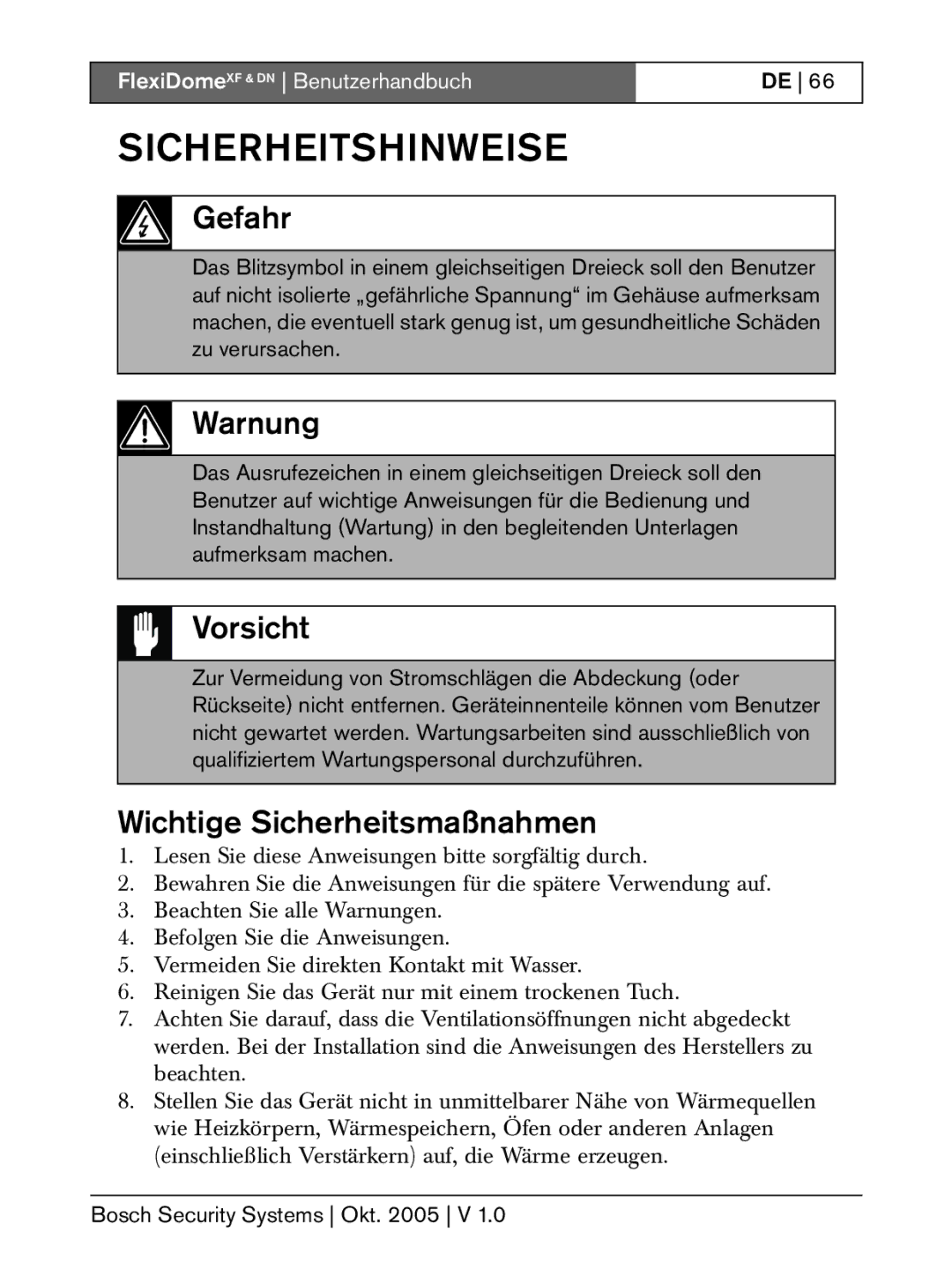 Bosch Appliances DN, XF Gefahr, Warnung, Vorsicht, Wichtige Sicherheitsmaßnahmen, Bosch Security Systems Okt V 