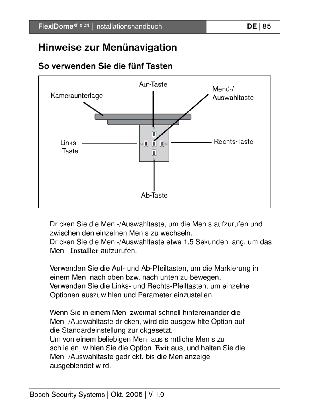 Bosch Appliances XF, DN Hinweise zur Menünavigation, So verwenden Sie die fünf Tasten, Auf-Taste, Kameraunterlage Menü 