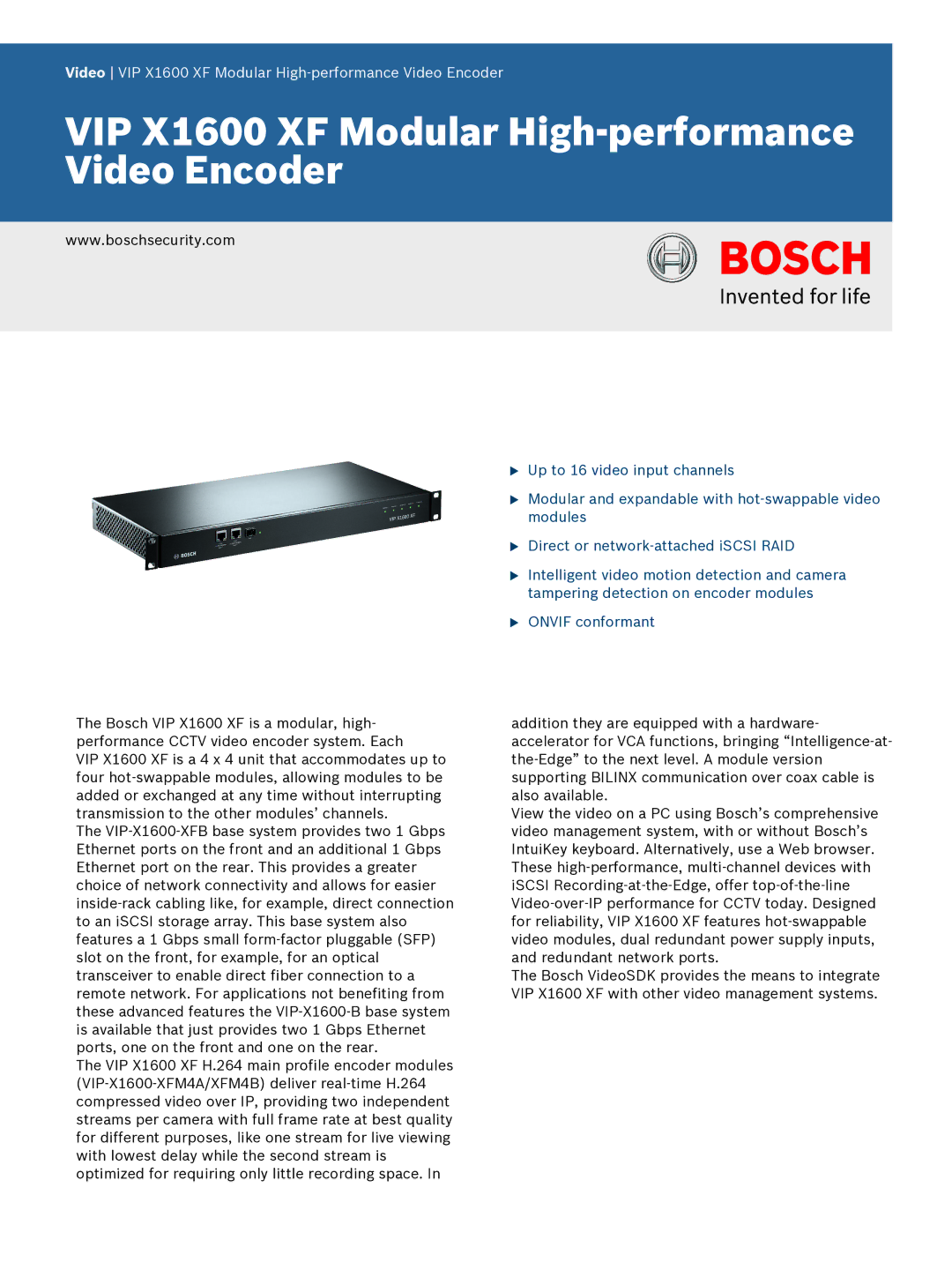 Bosch Appliances manual VIP X1600 XF Modular High-performance Video Encoder 