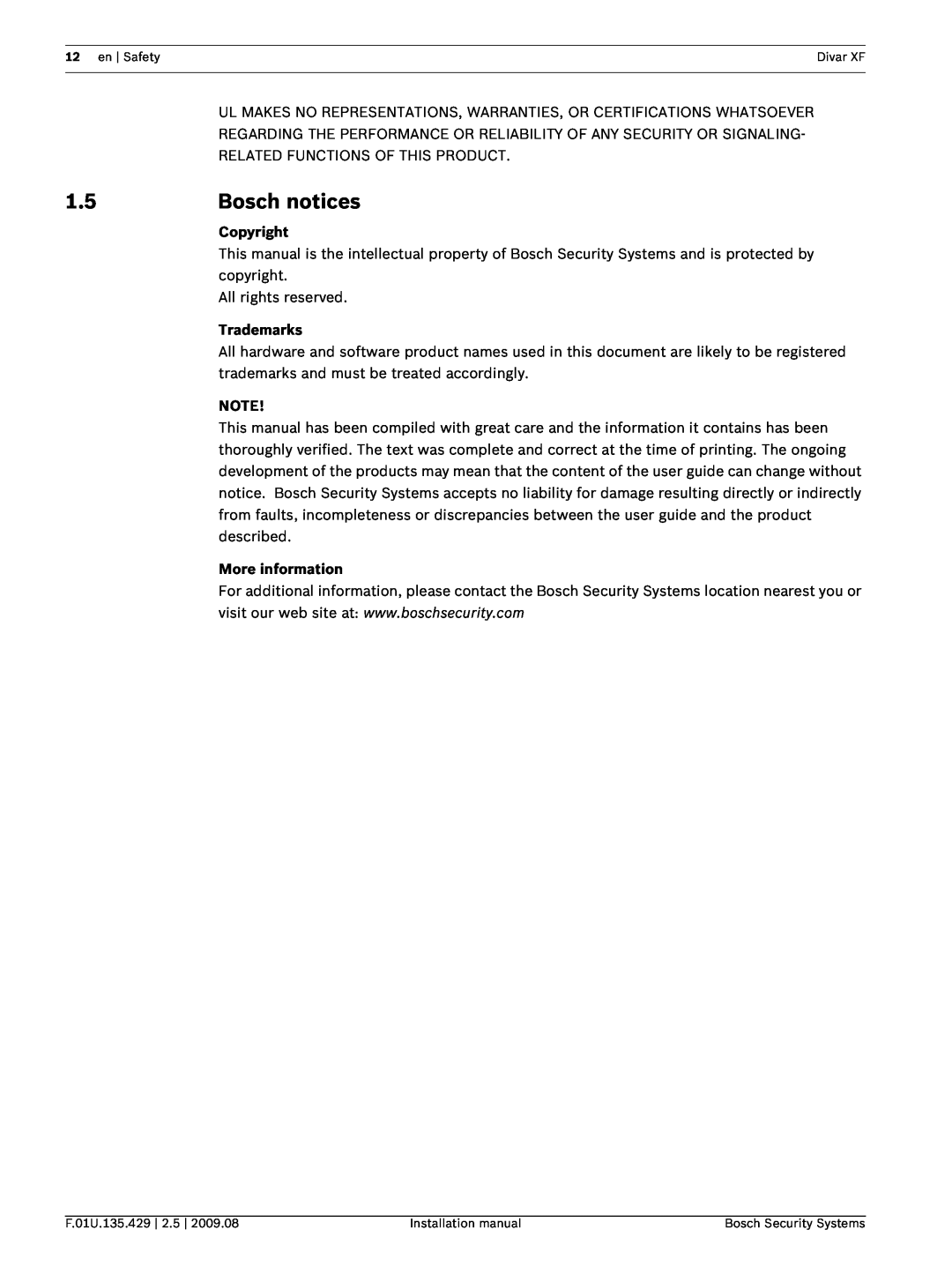 Bosch Appliances XF installation manual Bosch notices, Copyright, Trademarks, More information 