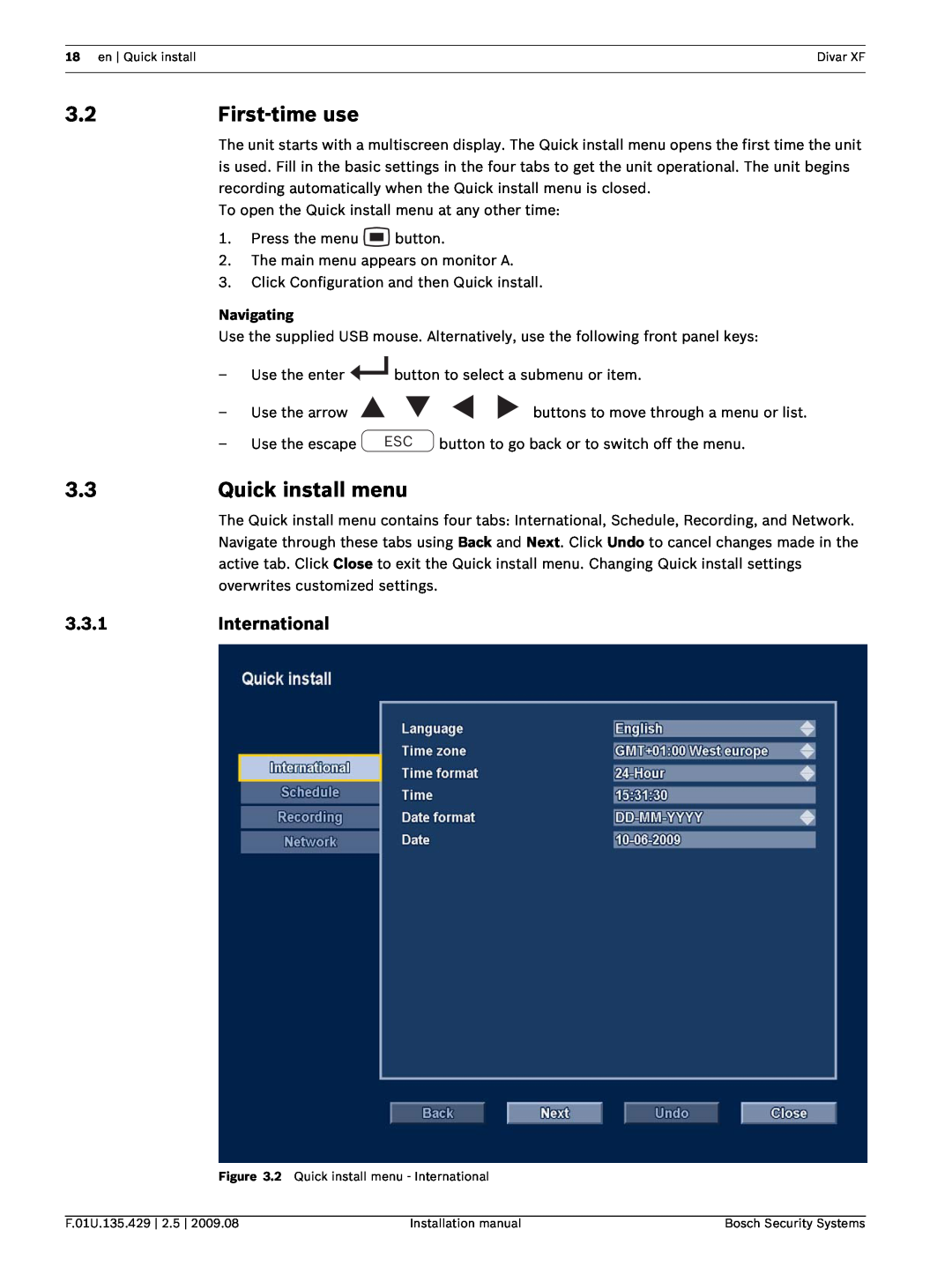 Bosch Appliances XF installation manual First-timeuse, Quick install menu, 3.3.1, International, Navigating 