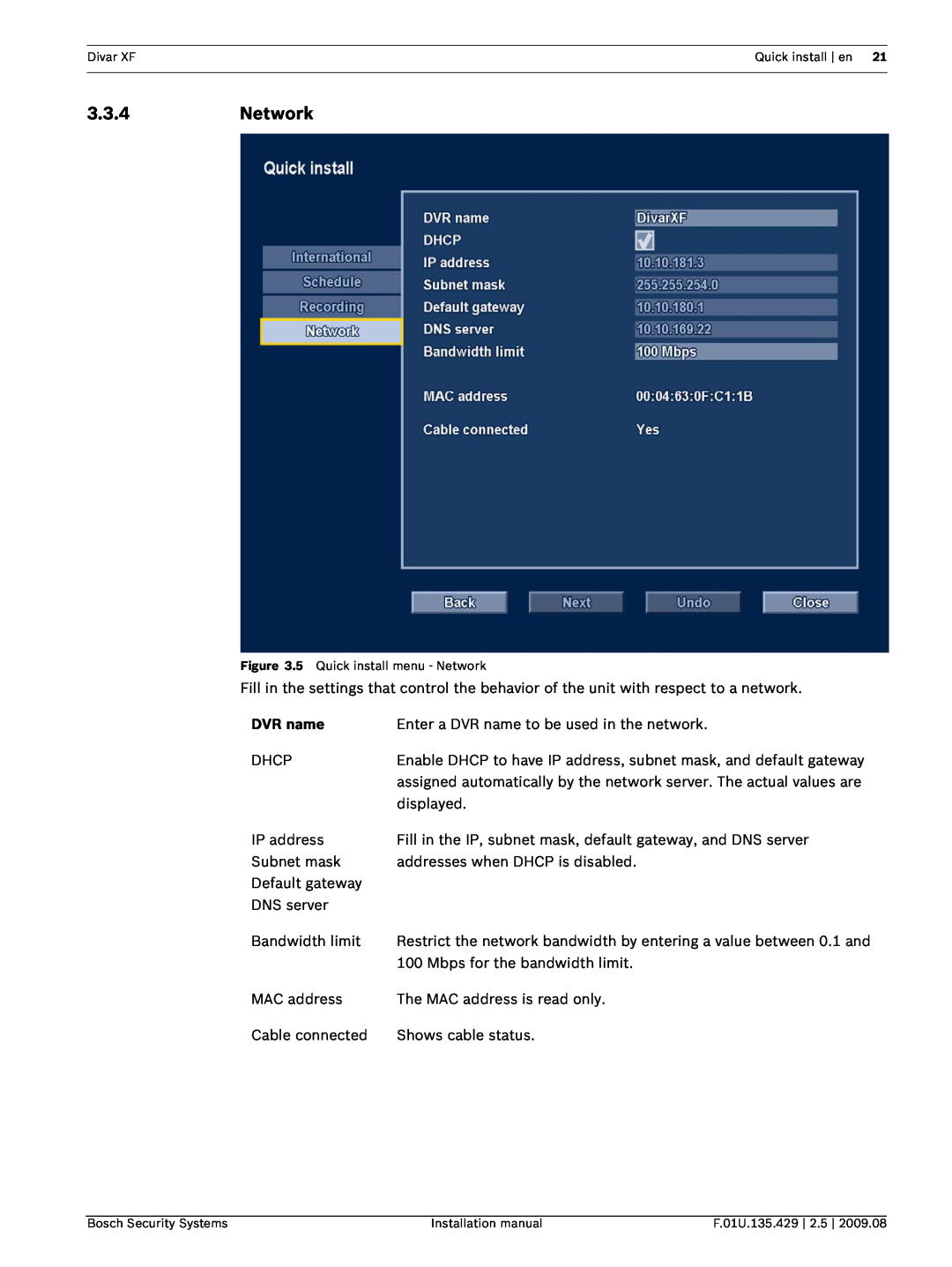 Bosch Appliances XF installation manual 3.3.4Network, DVR name 